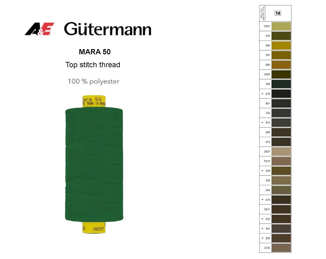 A 500m spool of green Gutermann Mara 50 polyester thread shown next to a numbered shade card.