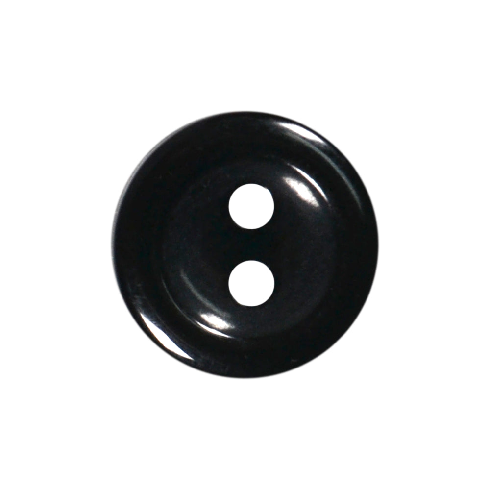 Polyester 2-hole shiny black button with two holes.
