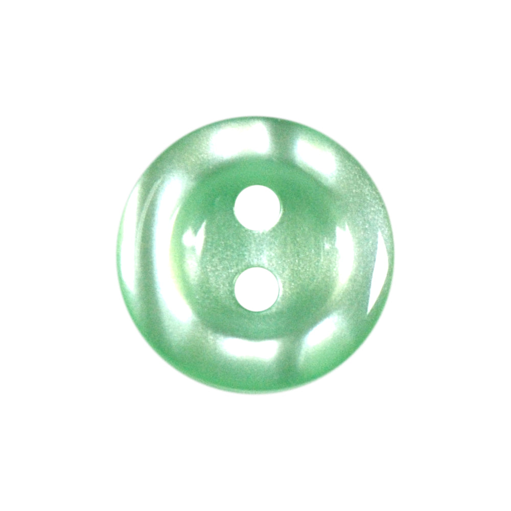 Polyester 2-hole shiny green button with a subtle shimmer.