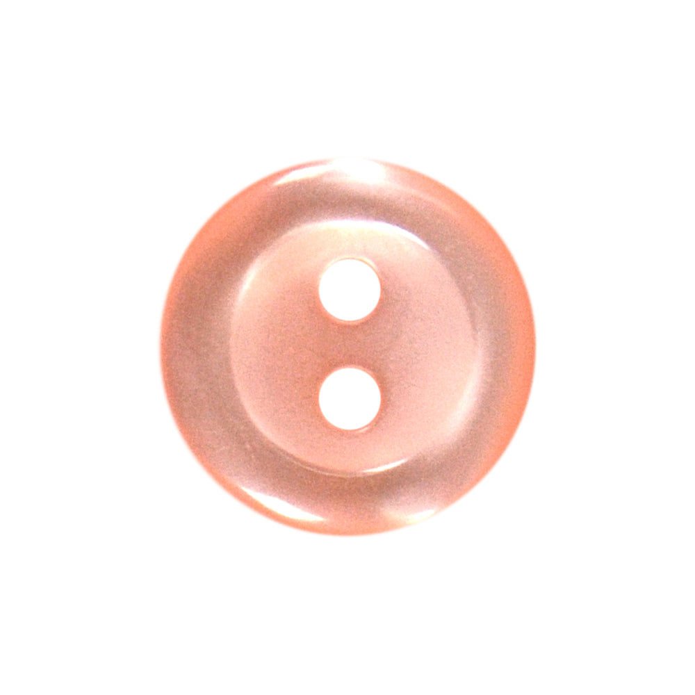 A shiny, peach-colored, 10mm polyester button with two holes.