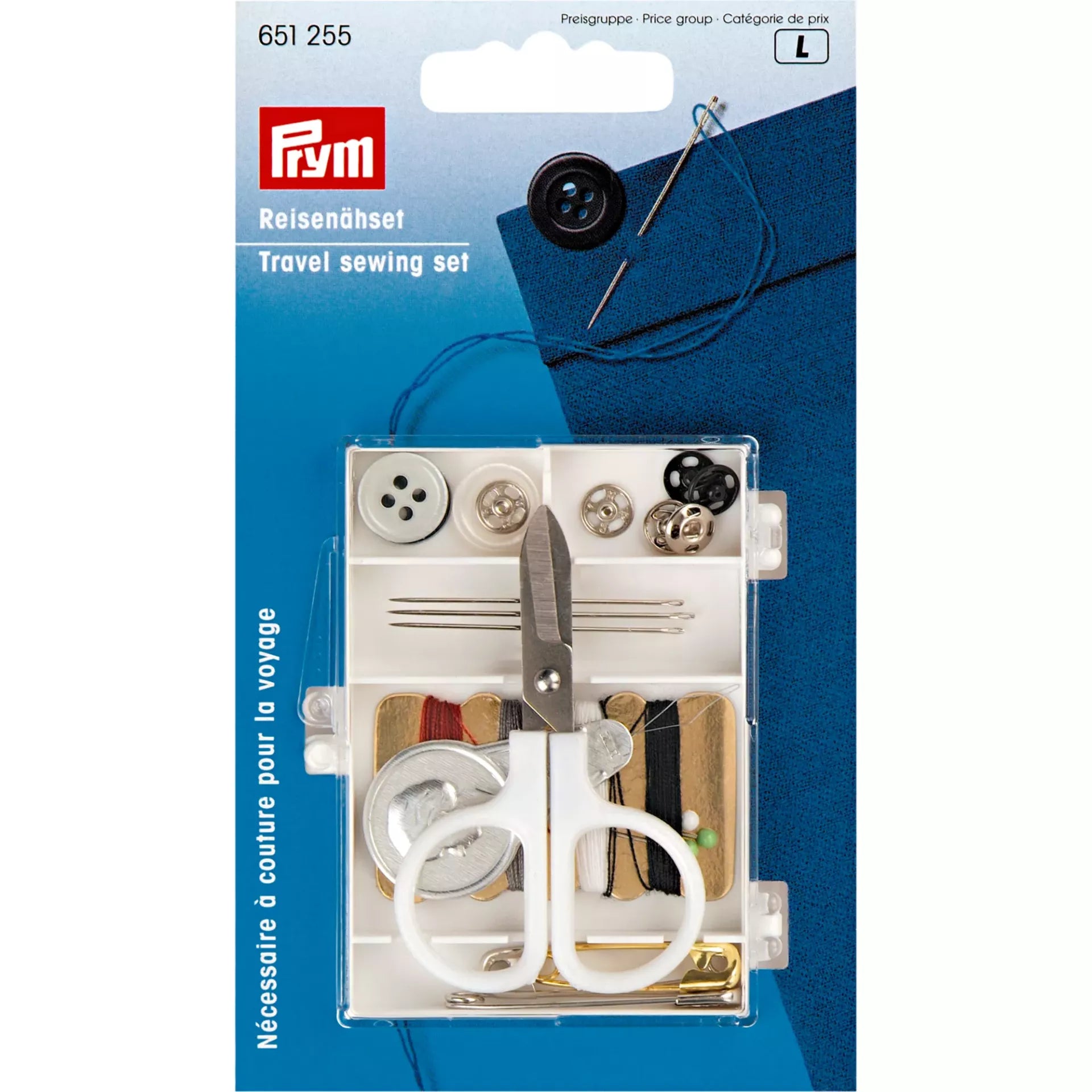 Prym Travel Sewing Kit in a compact white plastic assortment box with various sewing accessories.