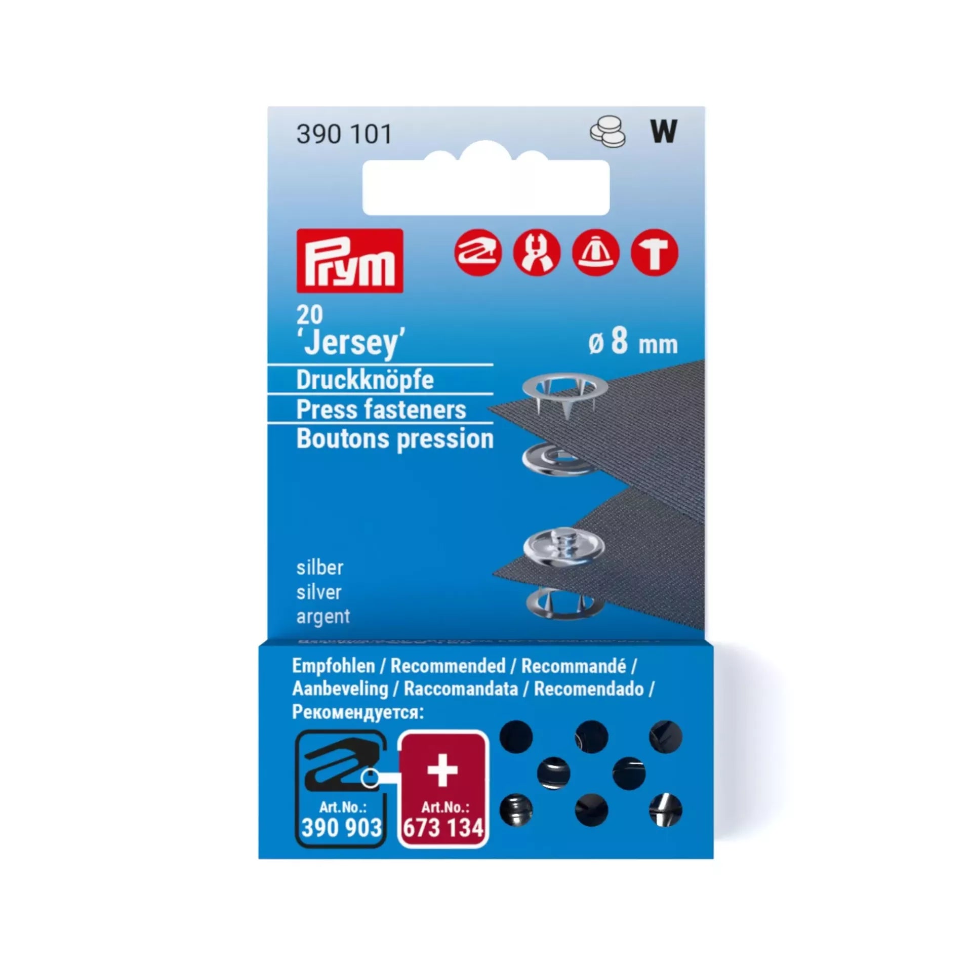 Prym Jersey press fasteners refill, 20 silver-coloured 8 mm ring-style snaps on a blue card.