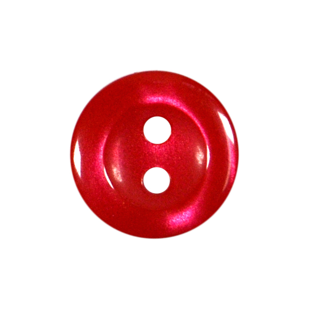Red polyester 2-hole shiny button with a metallic sheen.
