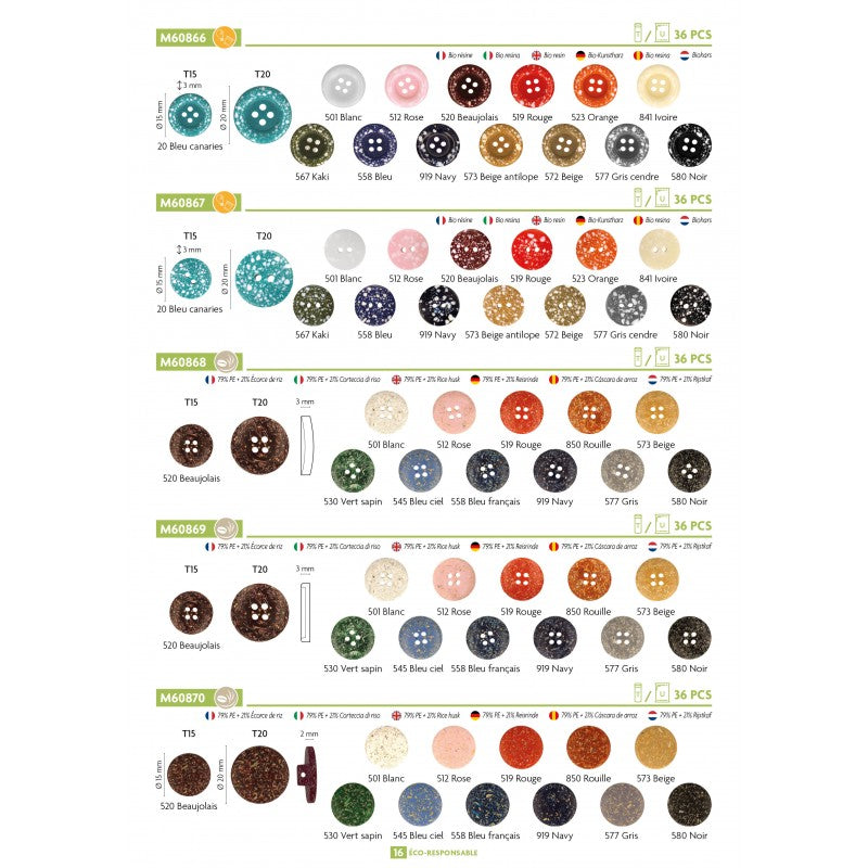 A catalog page displaying various eco-friendly rice husk and polyester buttons in multiple colors.