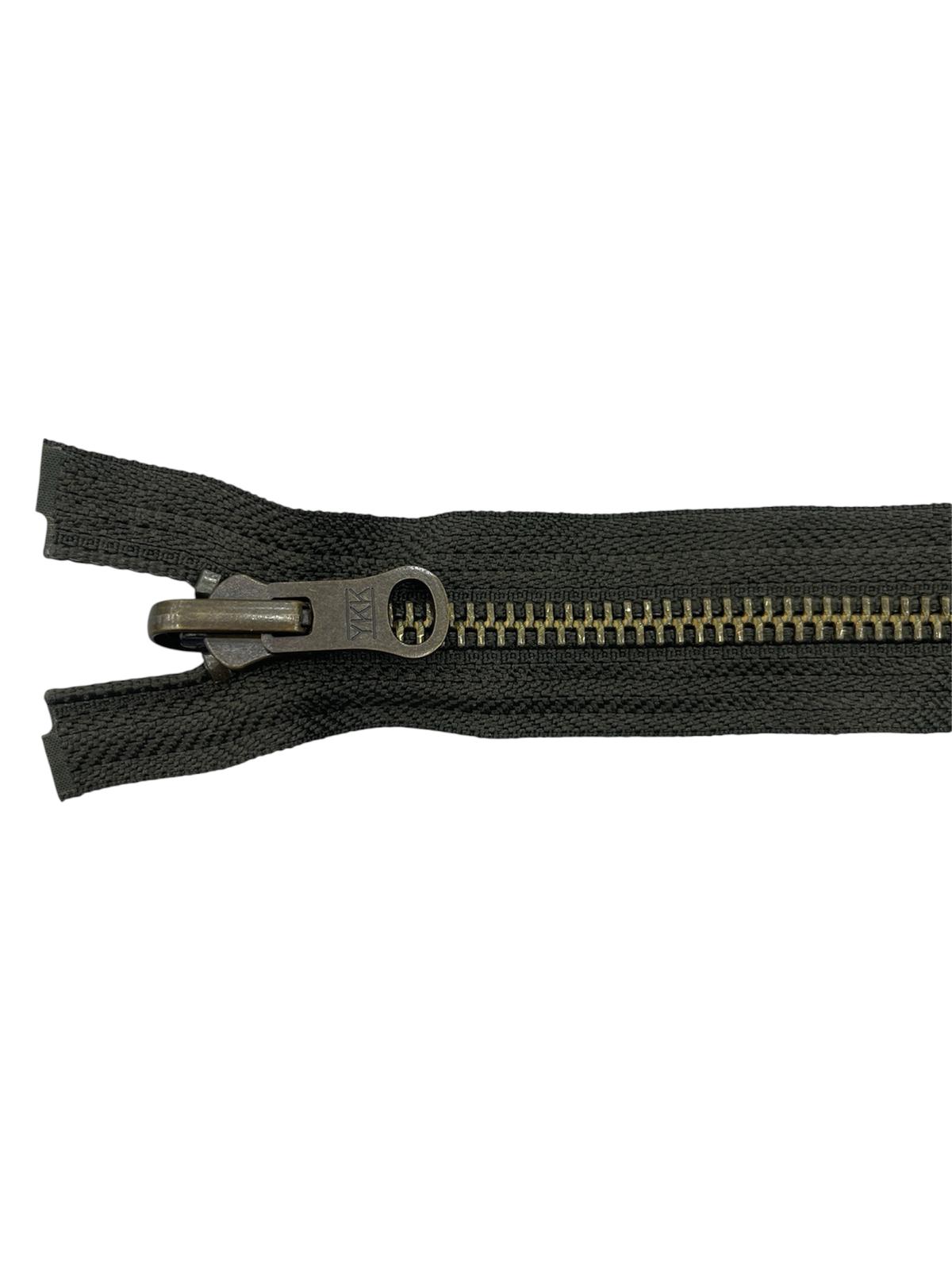 YKK size 5 brass metal zipper with a black tape and double-sided pull.