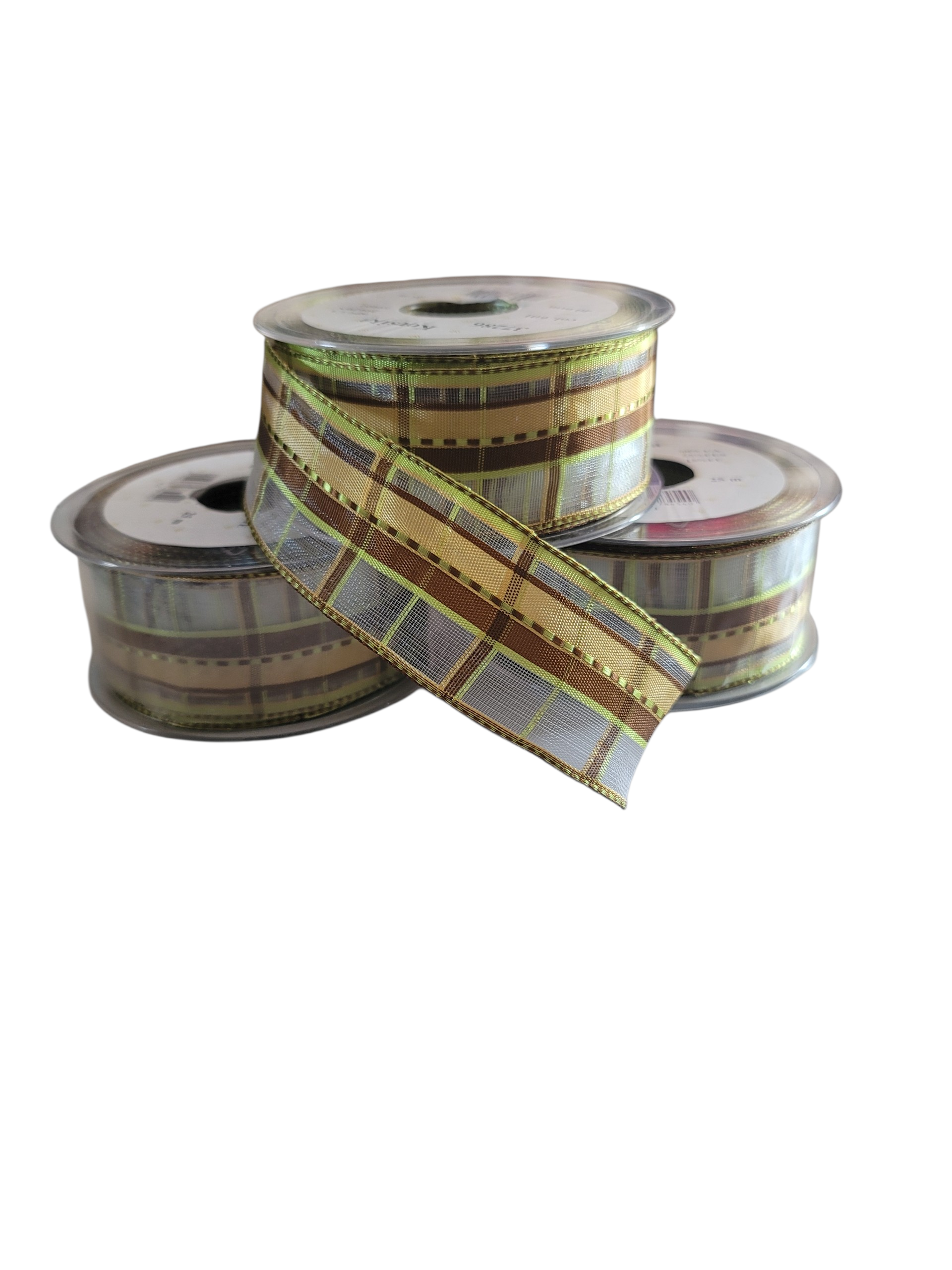Three rolls of 40mm wide brown, beige, and green plaid chiffon ribbon on clear plastic spools.