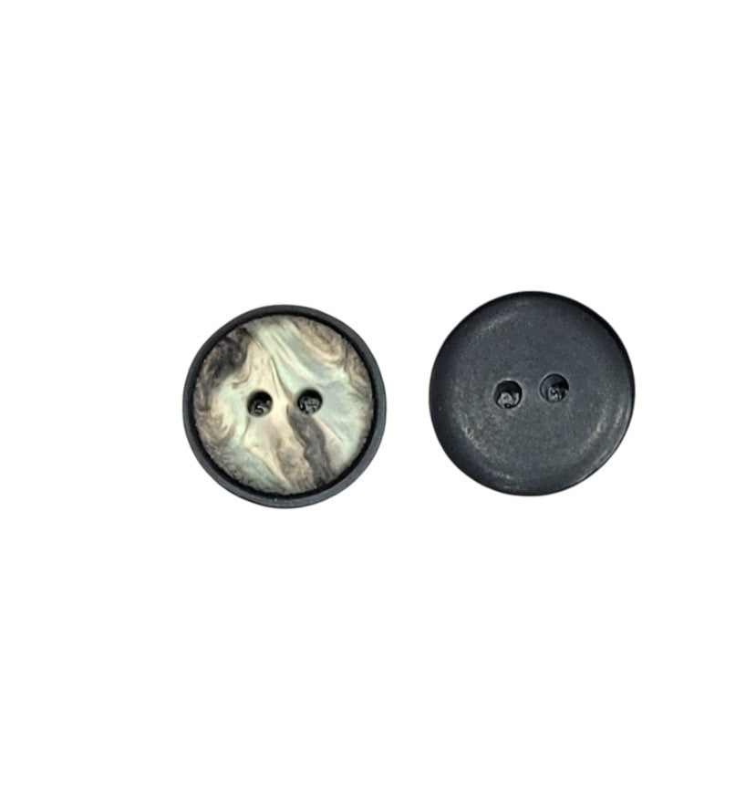 Front and back view of a 15mm iridescent shell-imitation polyester button with two holes.