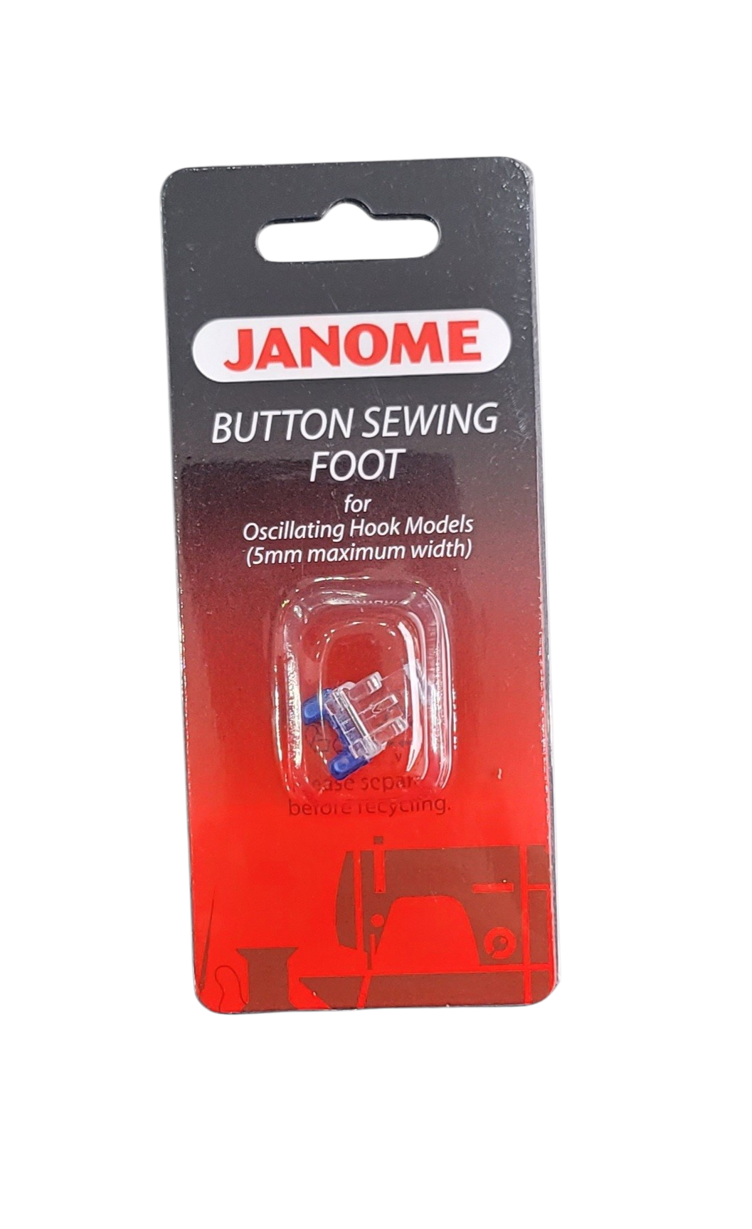 Janome button sewing foot in red and black packaging for oscillating hook sewing machines.