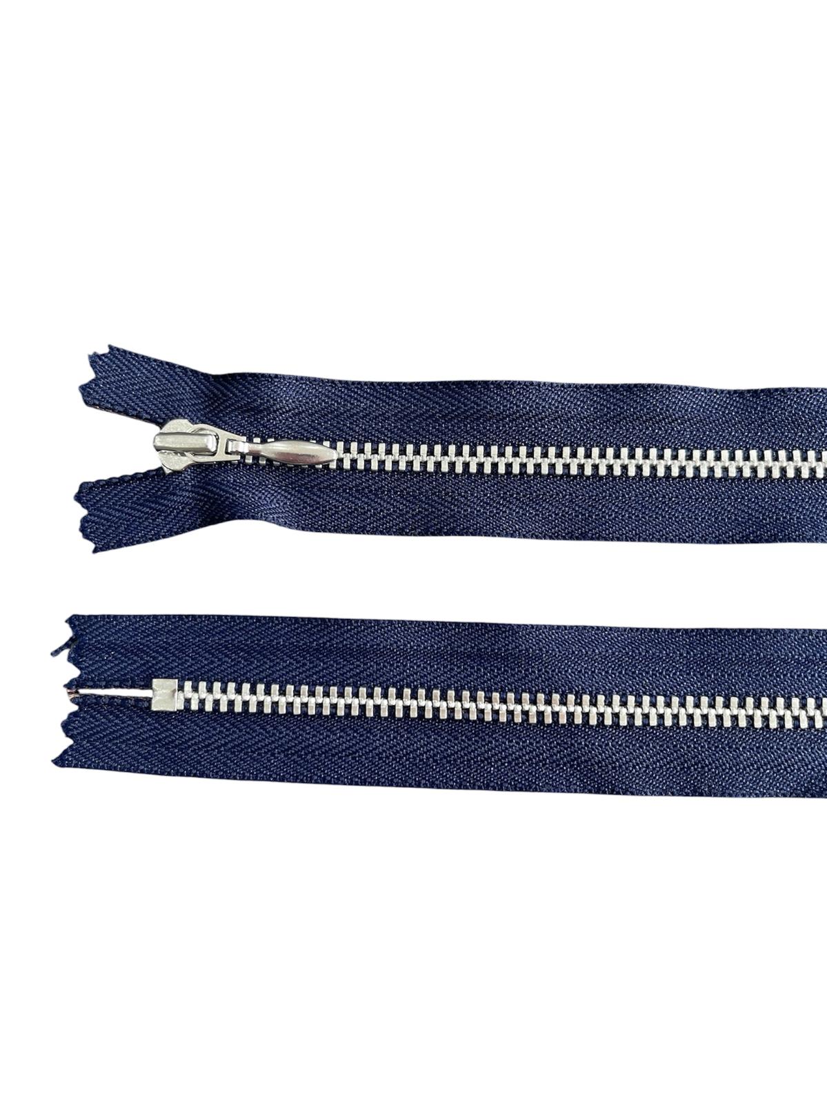 YKK silver metal size 3 zip in blue-058, 36cm length, showing top and bottom ends.