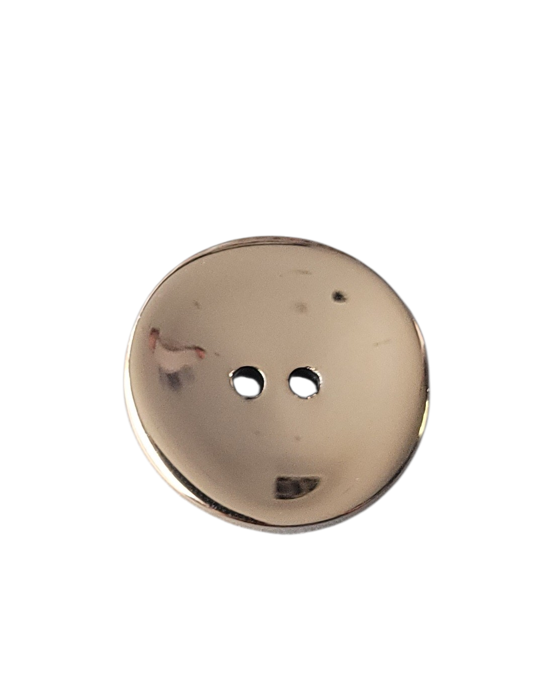 A round, 2-hole gold-colored metal-look button with a smooth, reflective surface.