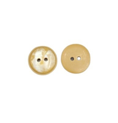 Front and back view of a 15mm iridescent beige 2-hole shell-imitation polyester button.