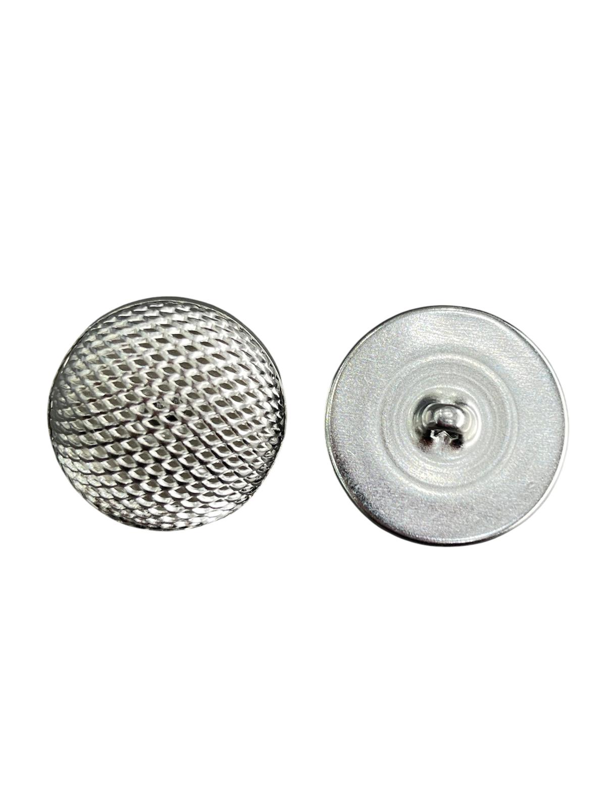 Front and back view of a silver metal dome shank button with a textured mesh pattern.