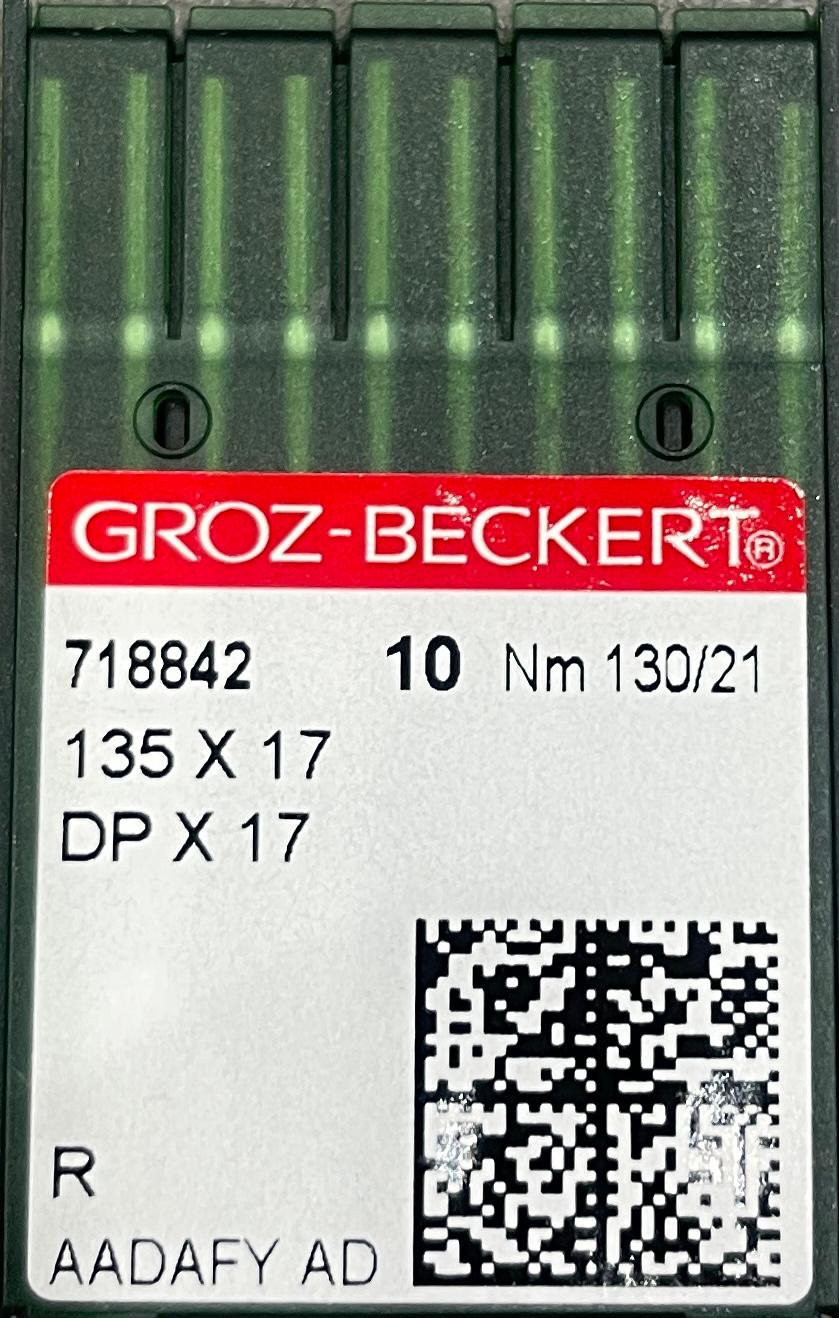 A 10-pack of Groz-Beckert DPx17 135x17 industrial sewing machine needles in a green plastic case.