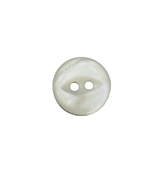 A single 12mm shiny white polyester round button with two holes and a recessed center.