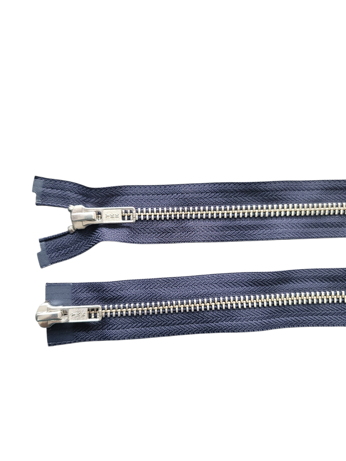 YKK size 5 navy blue two-way open-end zipper with silver metal teeth and two sliders.