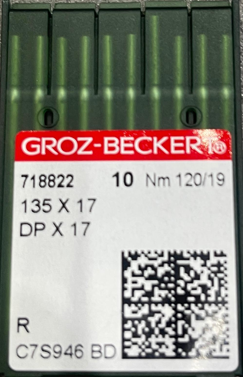A 10-pack of Groz-Beckert DPx17 135x17 industrial sewing machine needles in a green plastic case.