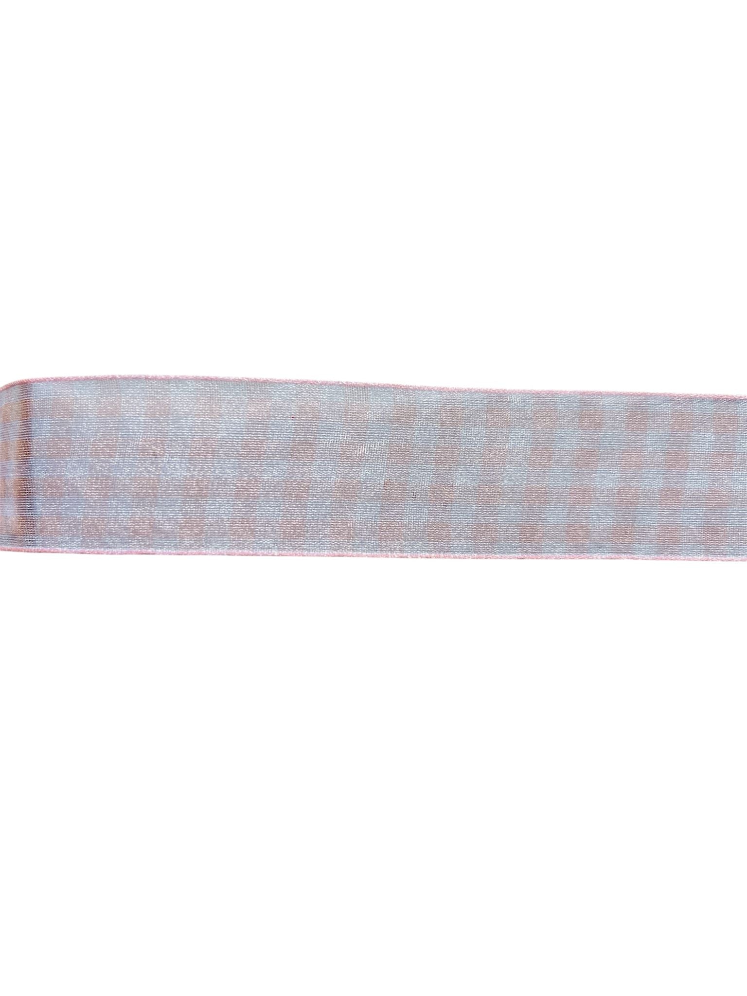 A roll of 25mm wide sheer nylon ribbon with a light pink and white checkered pattern.