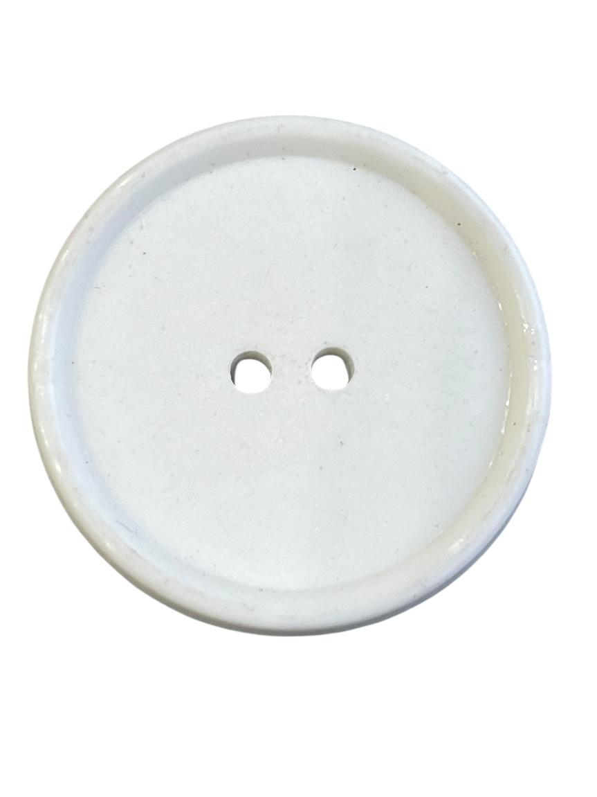 A single white 30mm polyester dress button with a thin rim and two center holes.