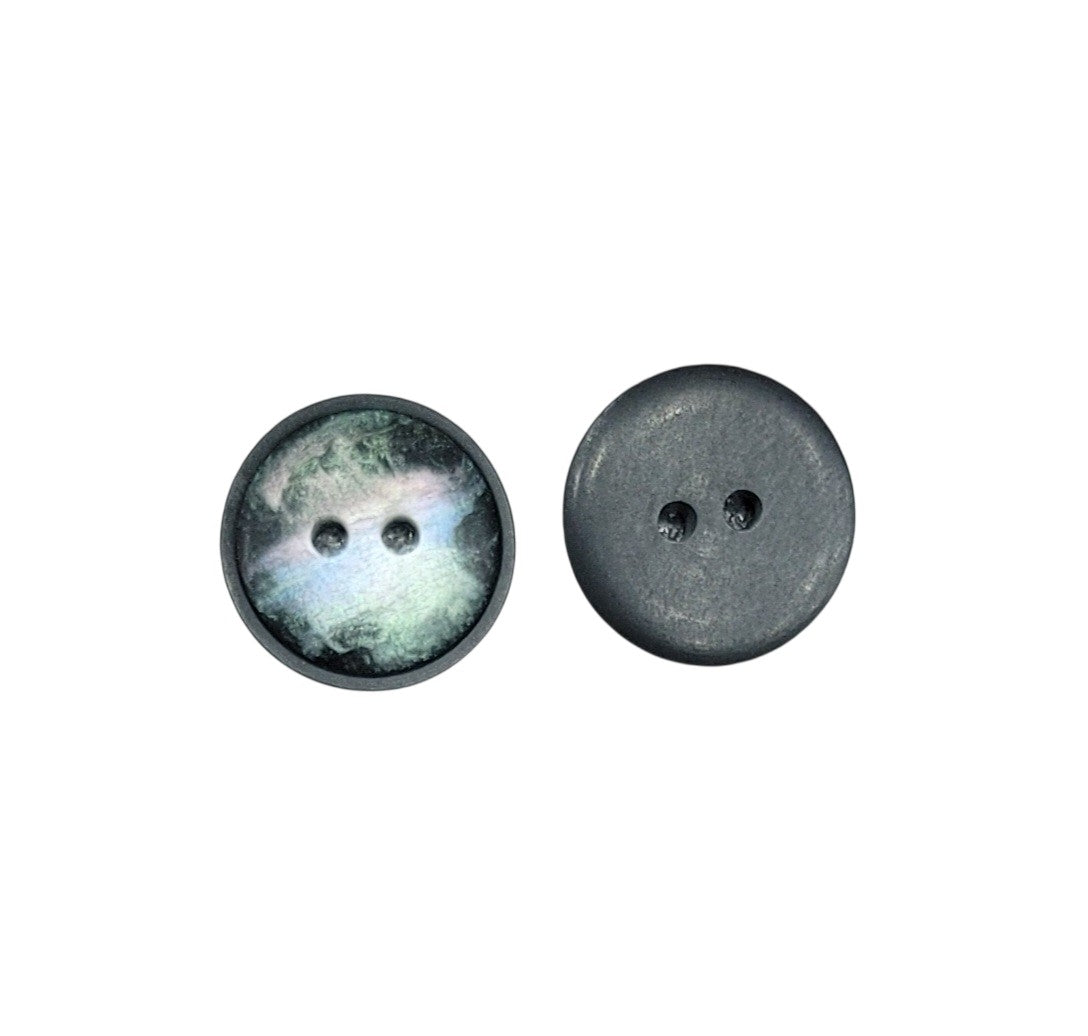 Front and back view of a 15mm iridescent 2-hole shell-imitation polyester button.