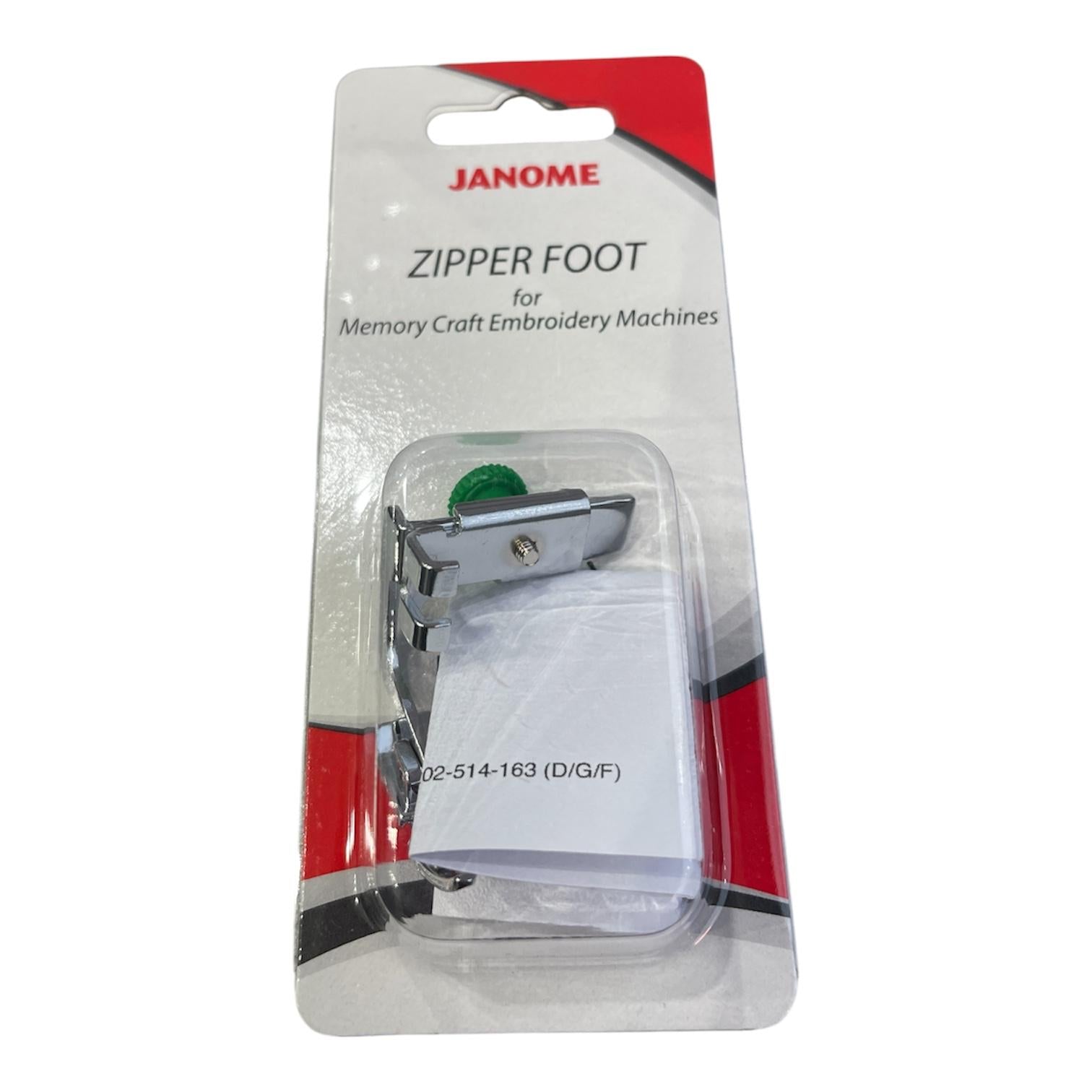 Janome adjustable zipper and piping foot in its original red and white retail packaging.