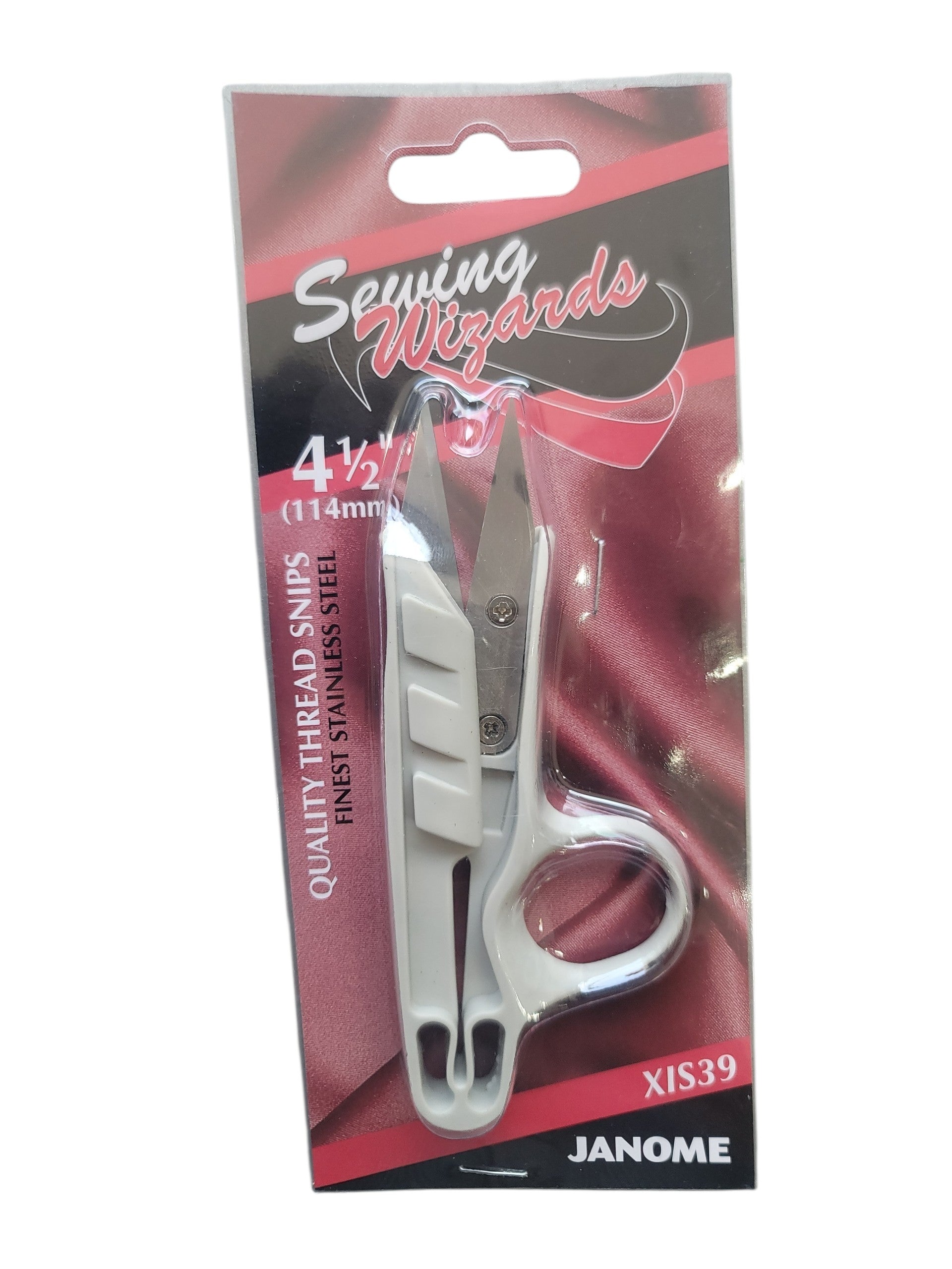 Sewing Wizards 4 1/2 inch quality thread snips with white thumb grip and stainless steel blades.