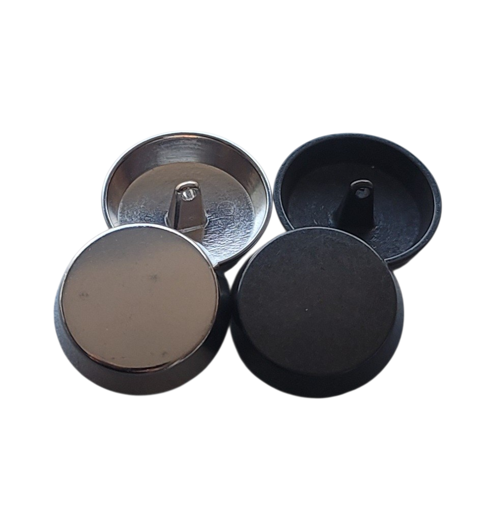28mm metal shank buttons in vintage silver and gunmetal finishes shown from front and back.