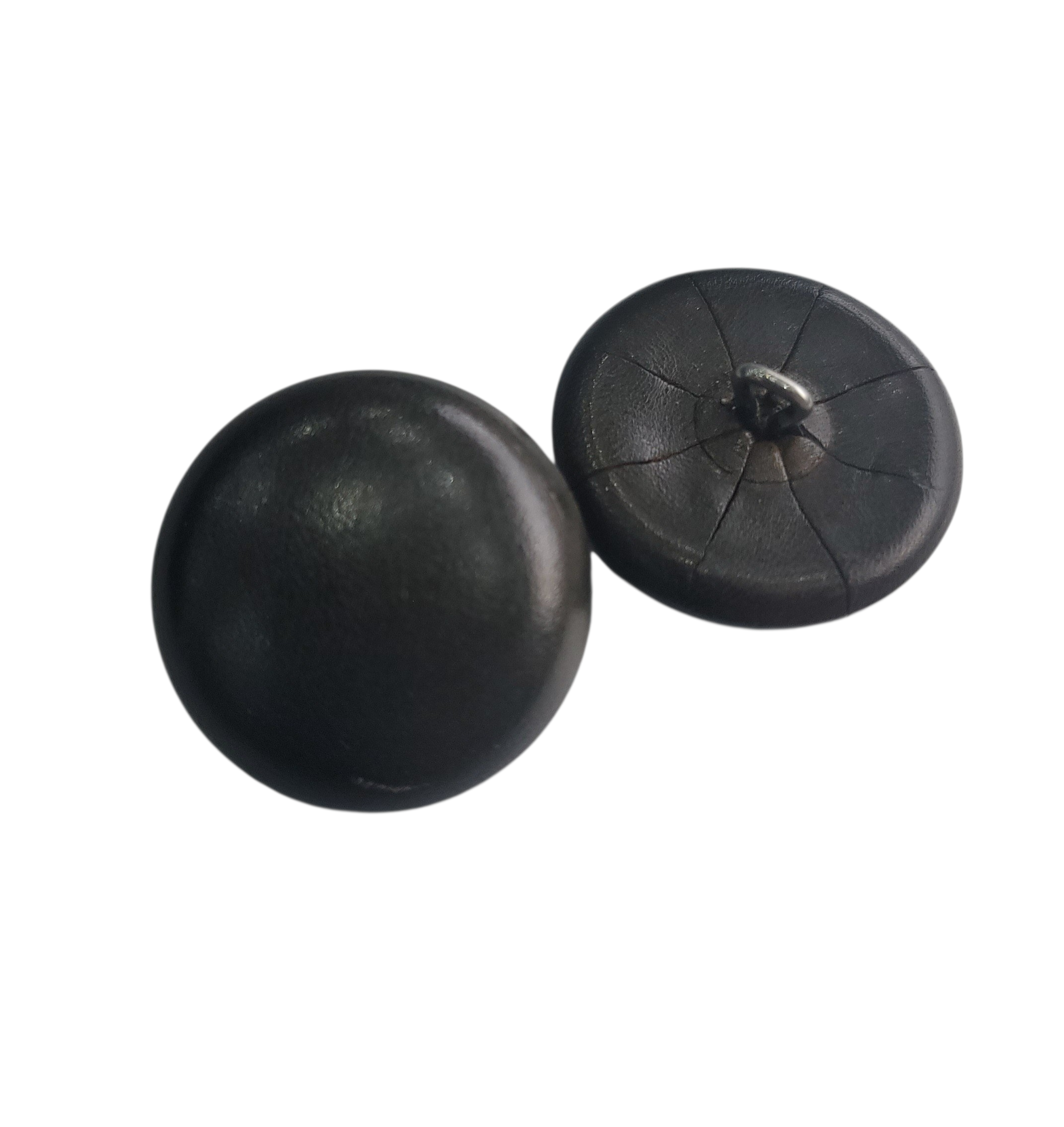 Dark olive green leather shank buttons shown from the front and back on a white background.