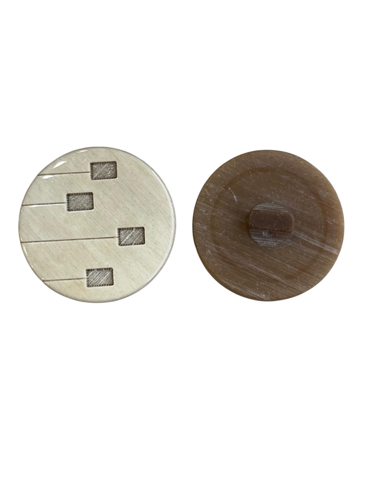 Front and back view of a 25mm beige and brown flat shank polyester sewing button.
