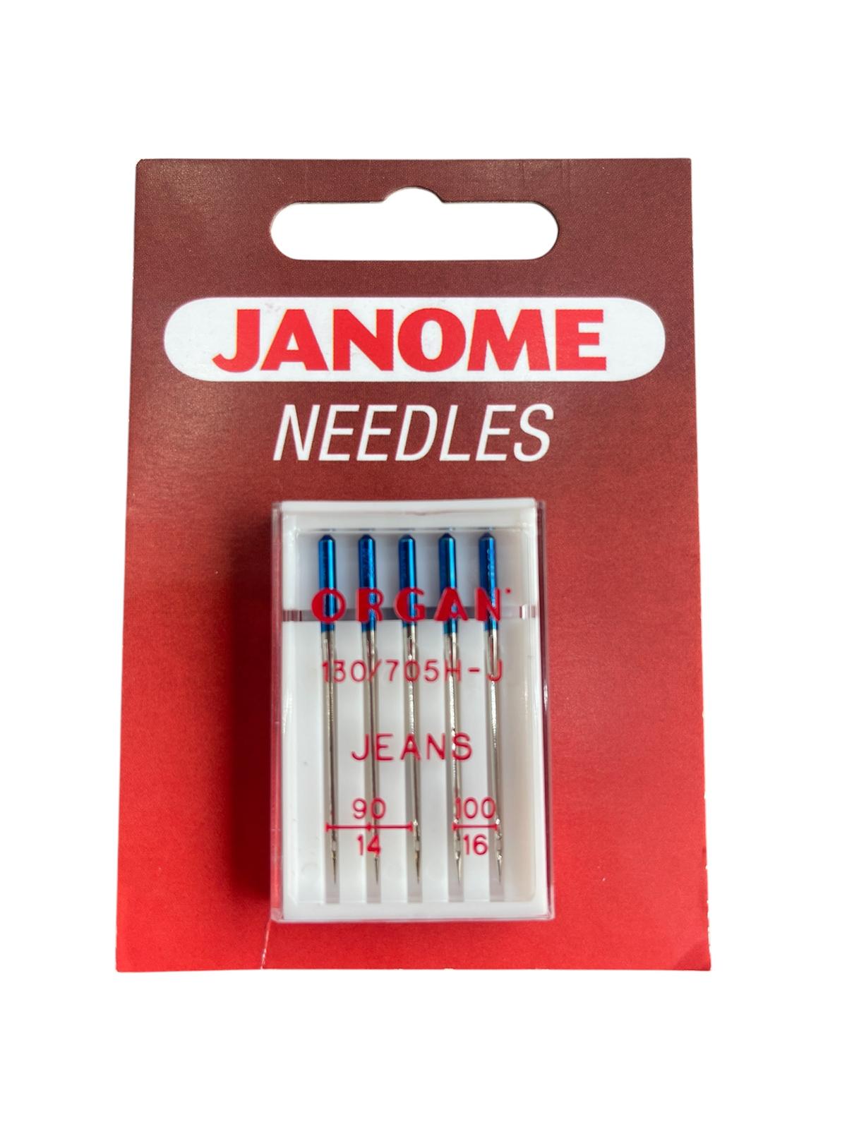 Janome denim sewing needles in an assorted pack of five with blue-colored shanks.