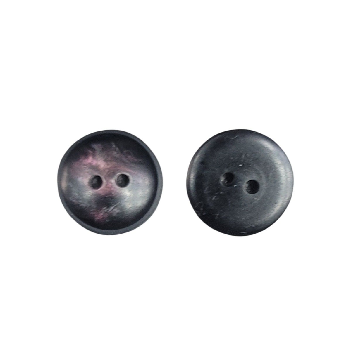 Two 15mm iridescent dark purple and black 2-hole shell-imitation polyester buttons.