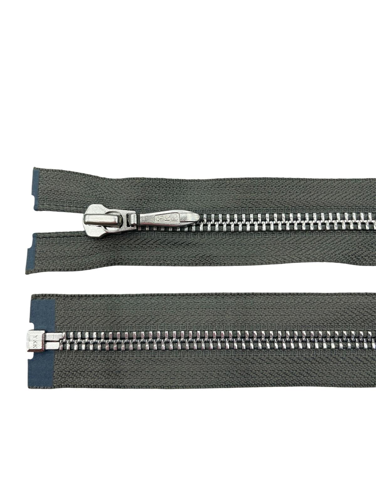 YKK size 5 silver metal open-end sewing zipper with dark grey tape.