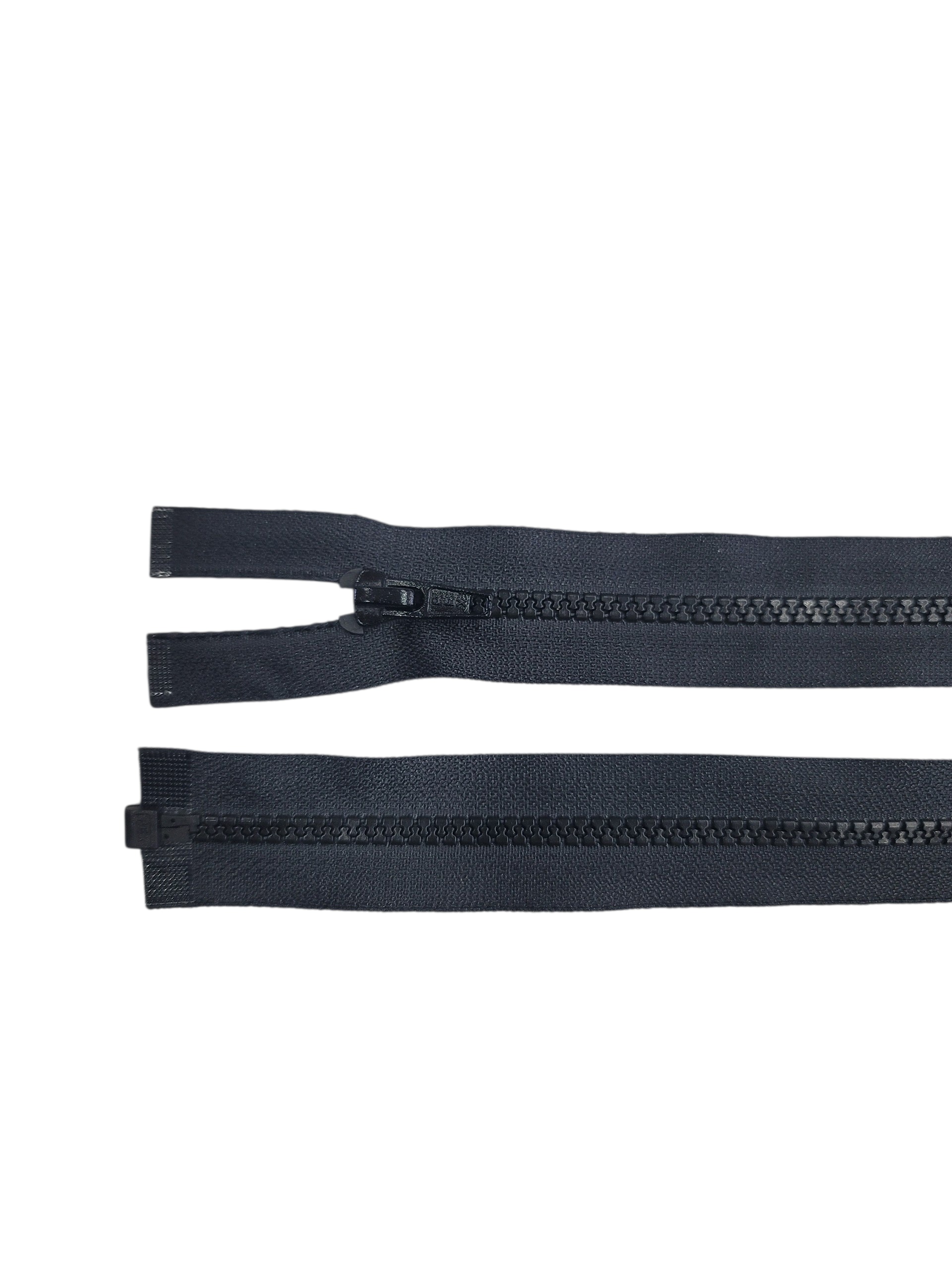 A black size 5 medium weight chunky plastic open-end zipper shown against a white background.