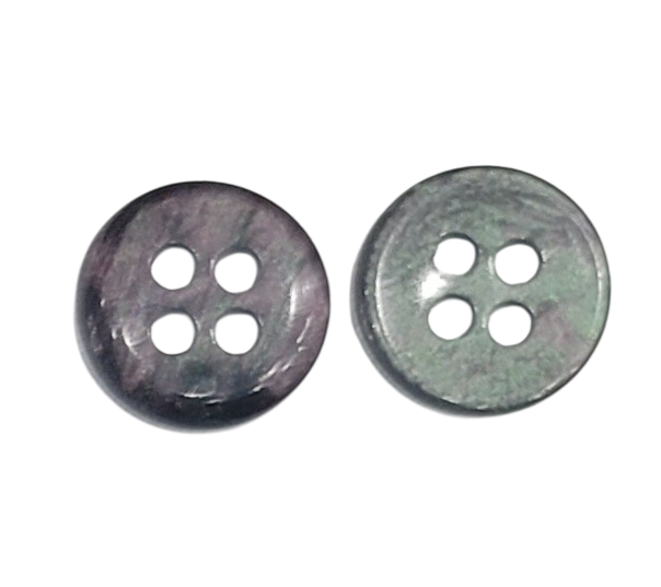 Two small, dark smoke polyester sewing buttons with a marbled finish and four holes.