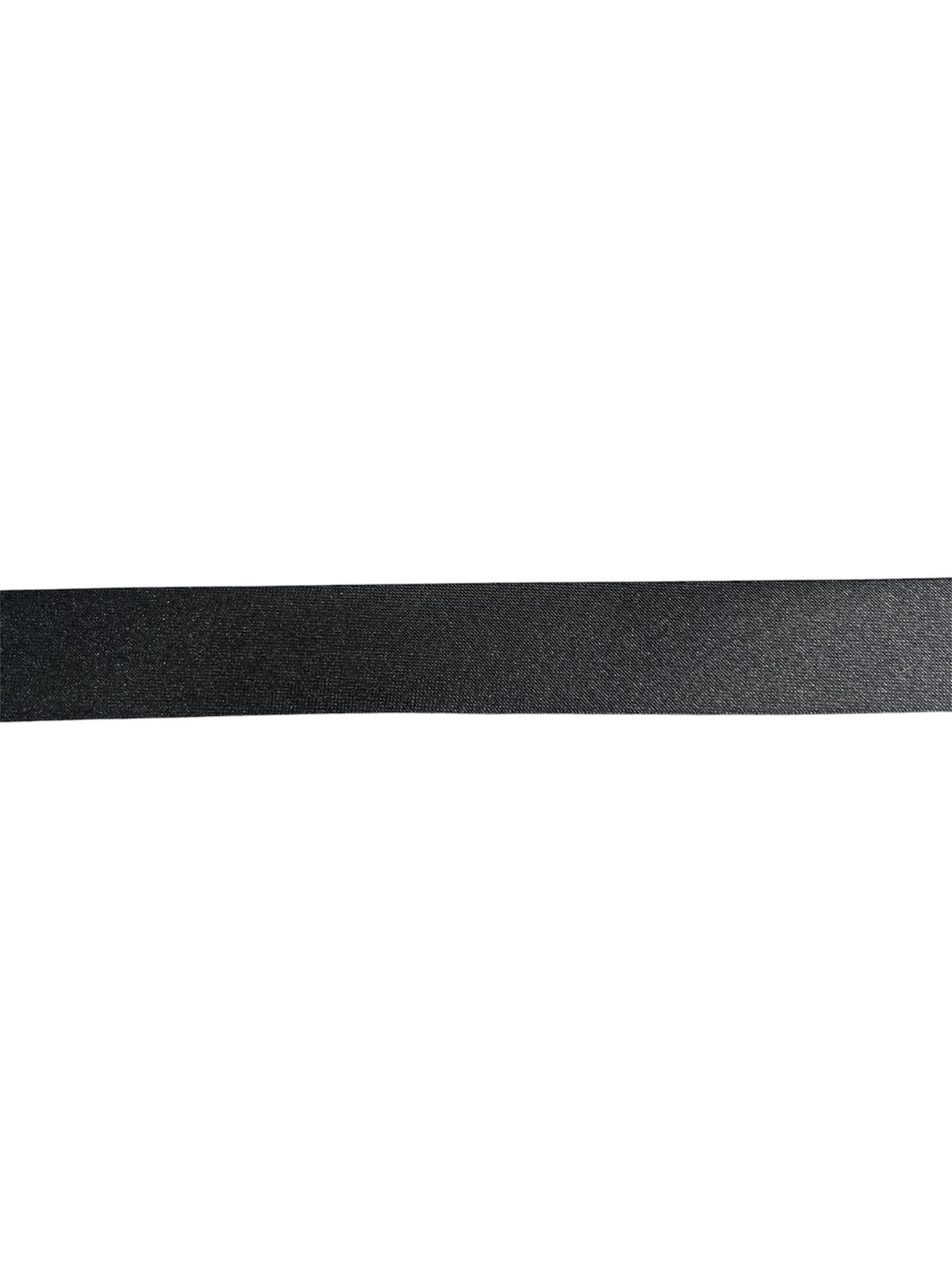 A single strip of black satin bias binding tape shown horizontally against a white background.