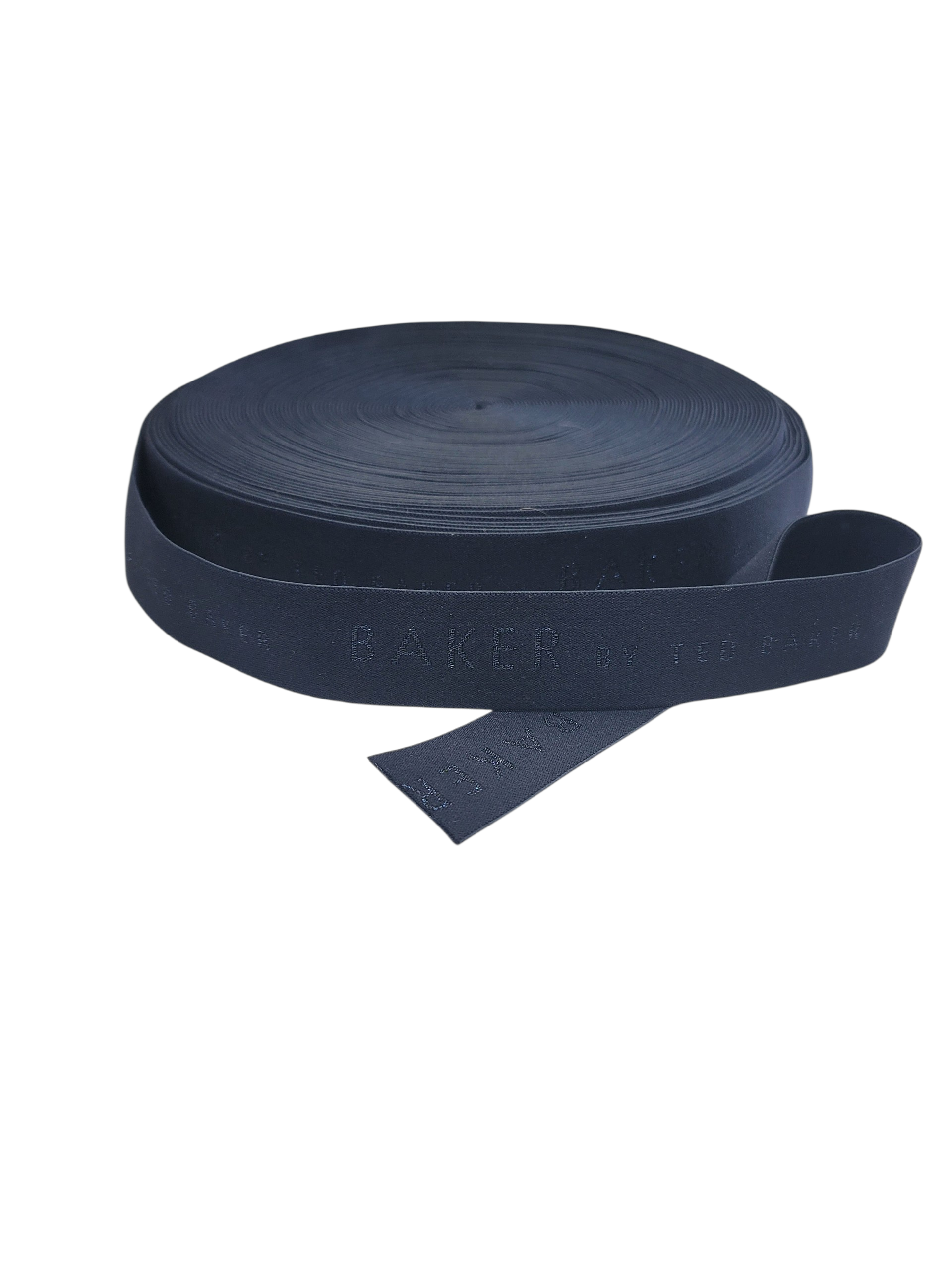 A roll of 40mm navy woven elastic tape featuring the Baker by Ted Baker logo in blue lettering.