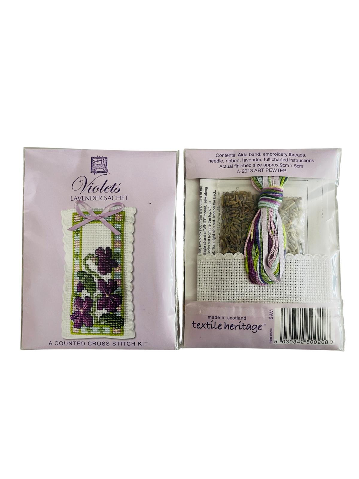 Textile Heritage Violets Lavender Sachet cross stitch kit showing front cover and back contents.