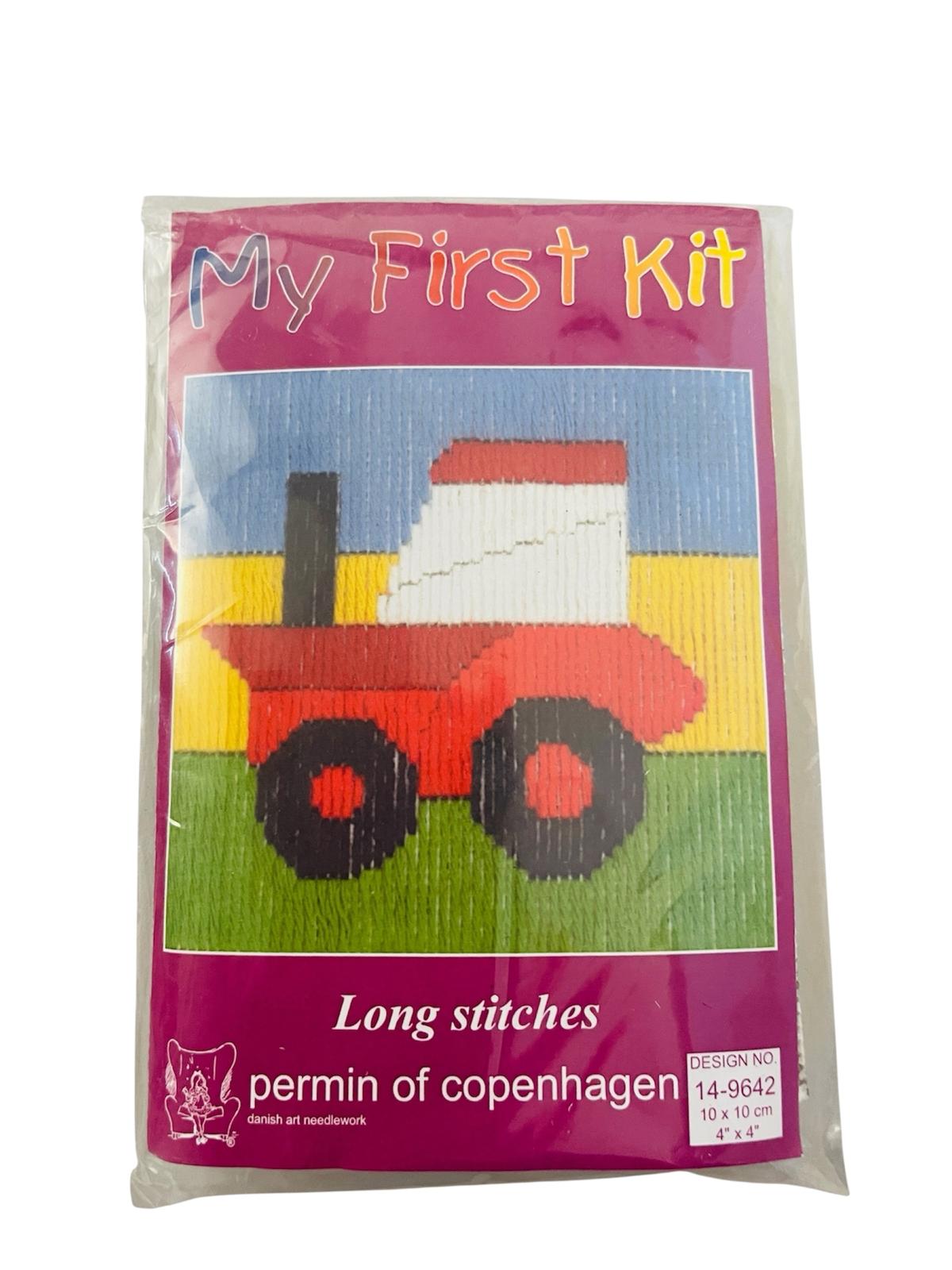 A My First Kit long stitch craft set featuring a red tractor design in a 10cm square frame.