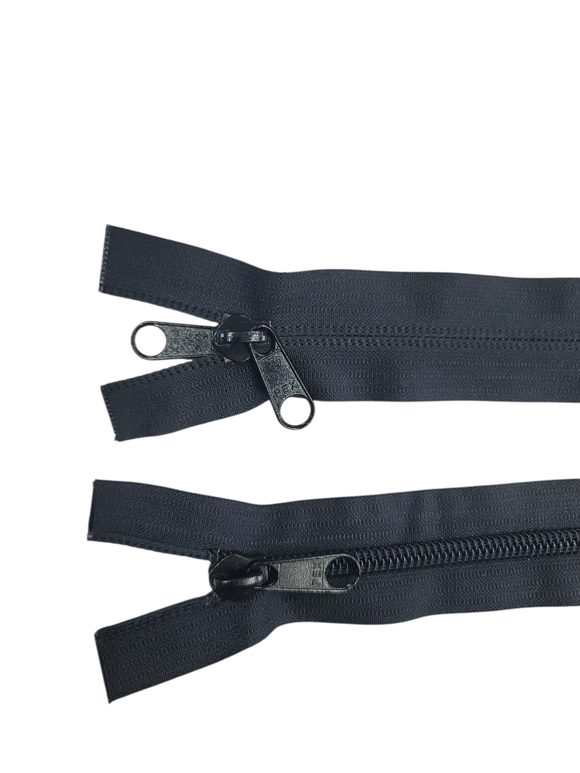Black double slider open end plastic coil zipper for tents and outdoor gear.