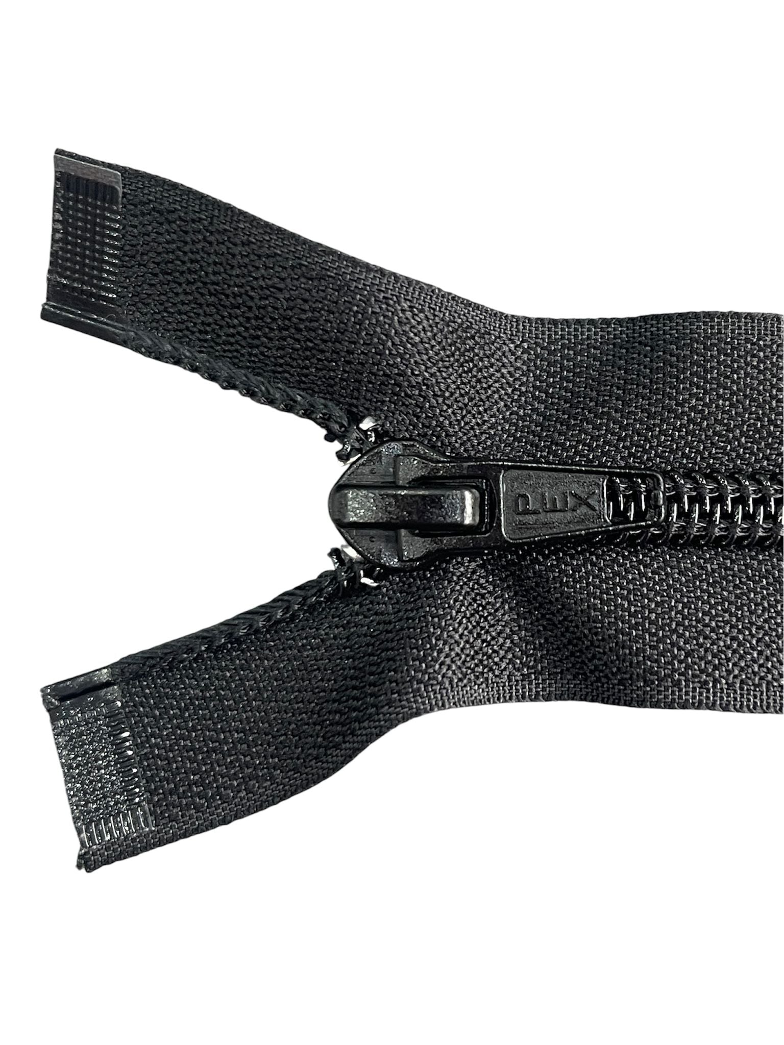 Close-up of a black PEX size 7 plastic open-end zipper with a metal slider and pull tab.