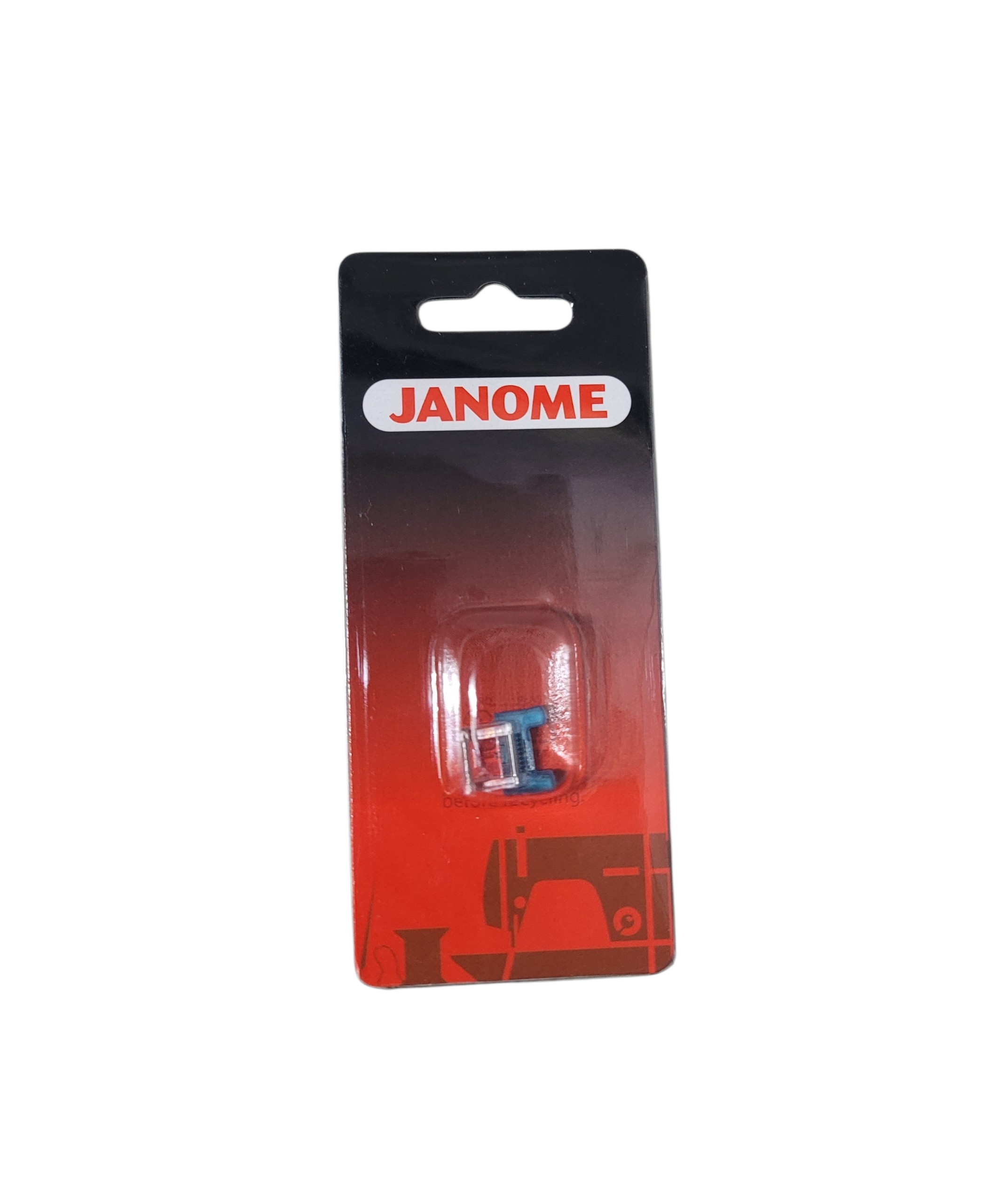 Janome button sewing foot with a blue rubber sleeve in its original red and black packaging.