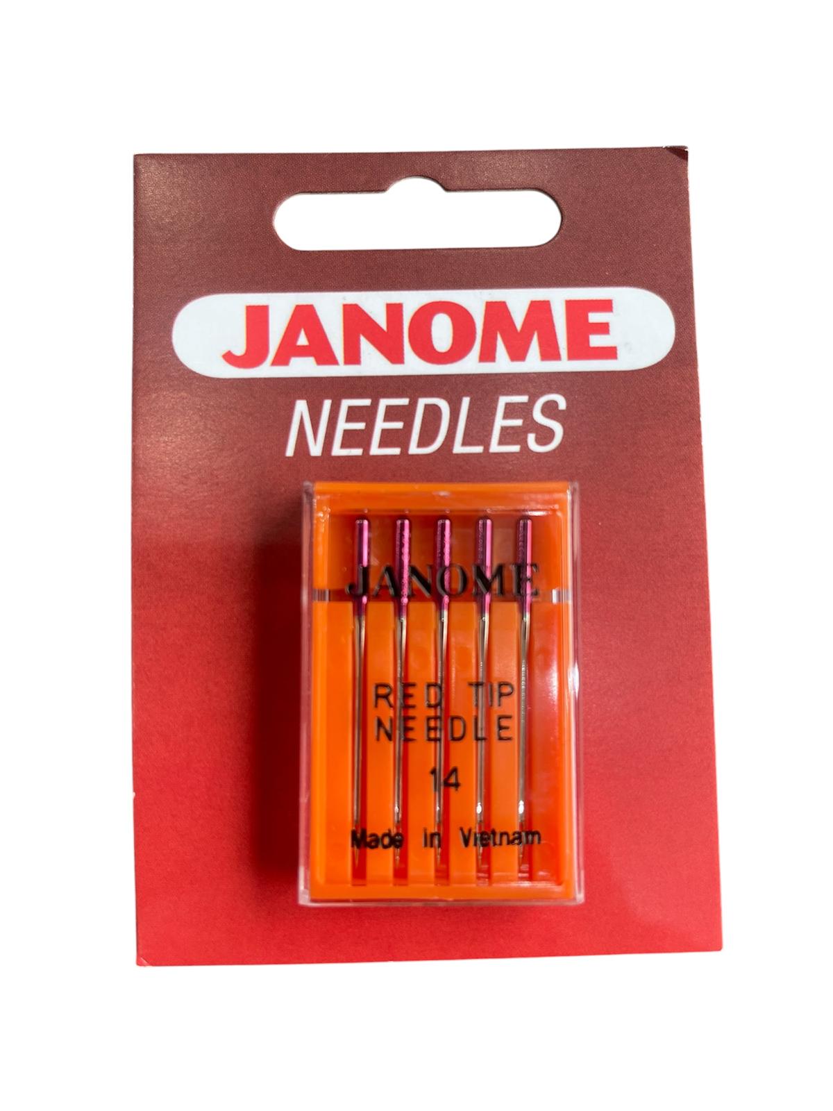 Pack of five Janome size 14 red tip sewing machine needles in an orange plastic case.