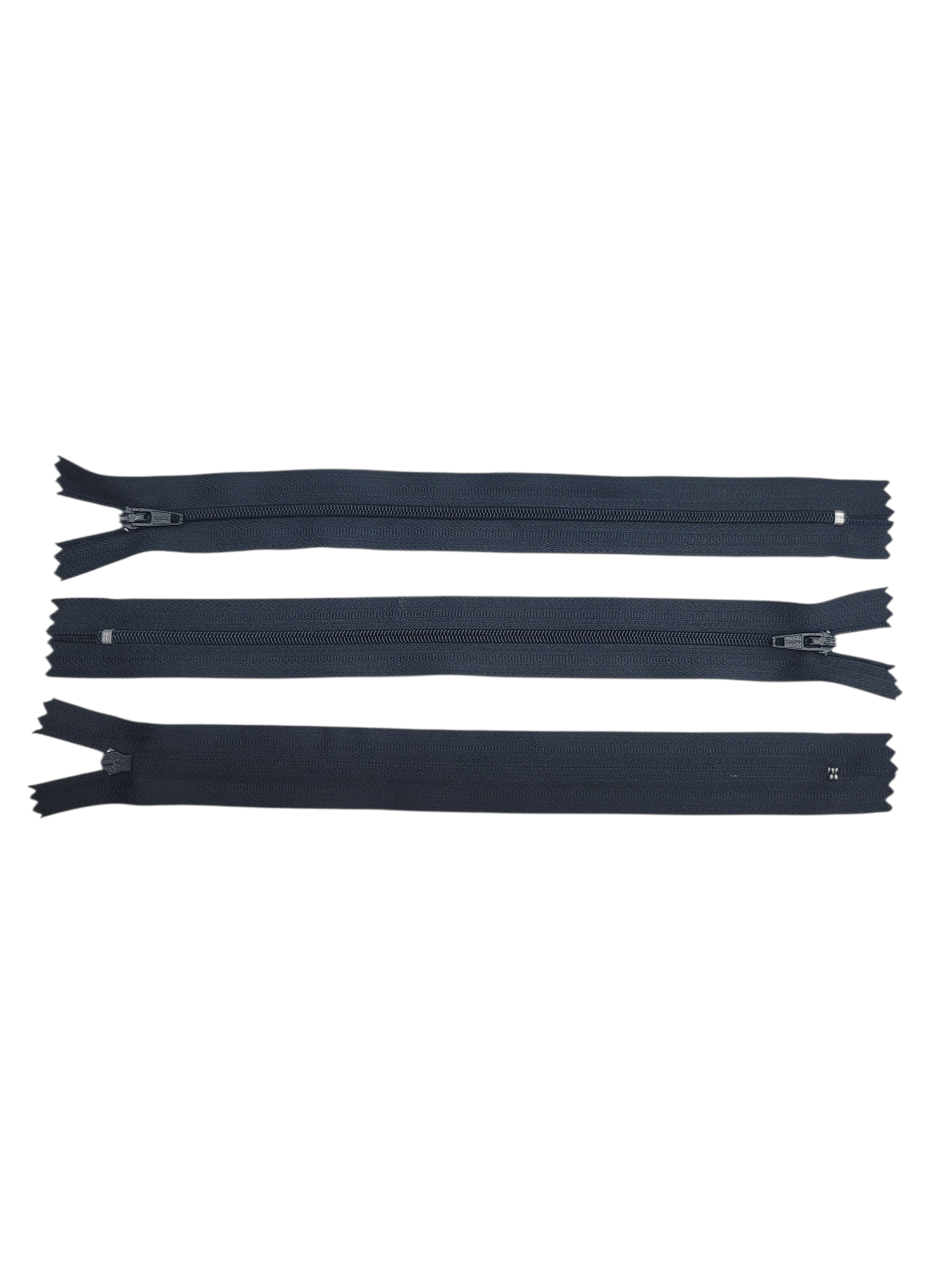 Three black closed-ended size 3 coil zippers shown in a horizontal layout against a white background.