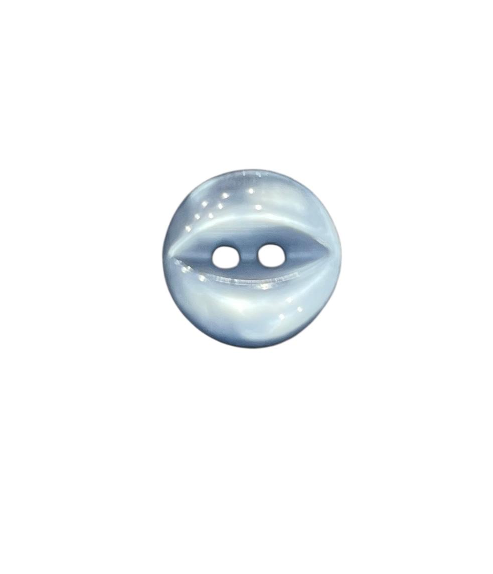 A single 12mm shiny light blue polyester round button with two holes and a fish-eye center.