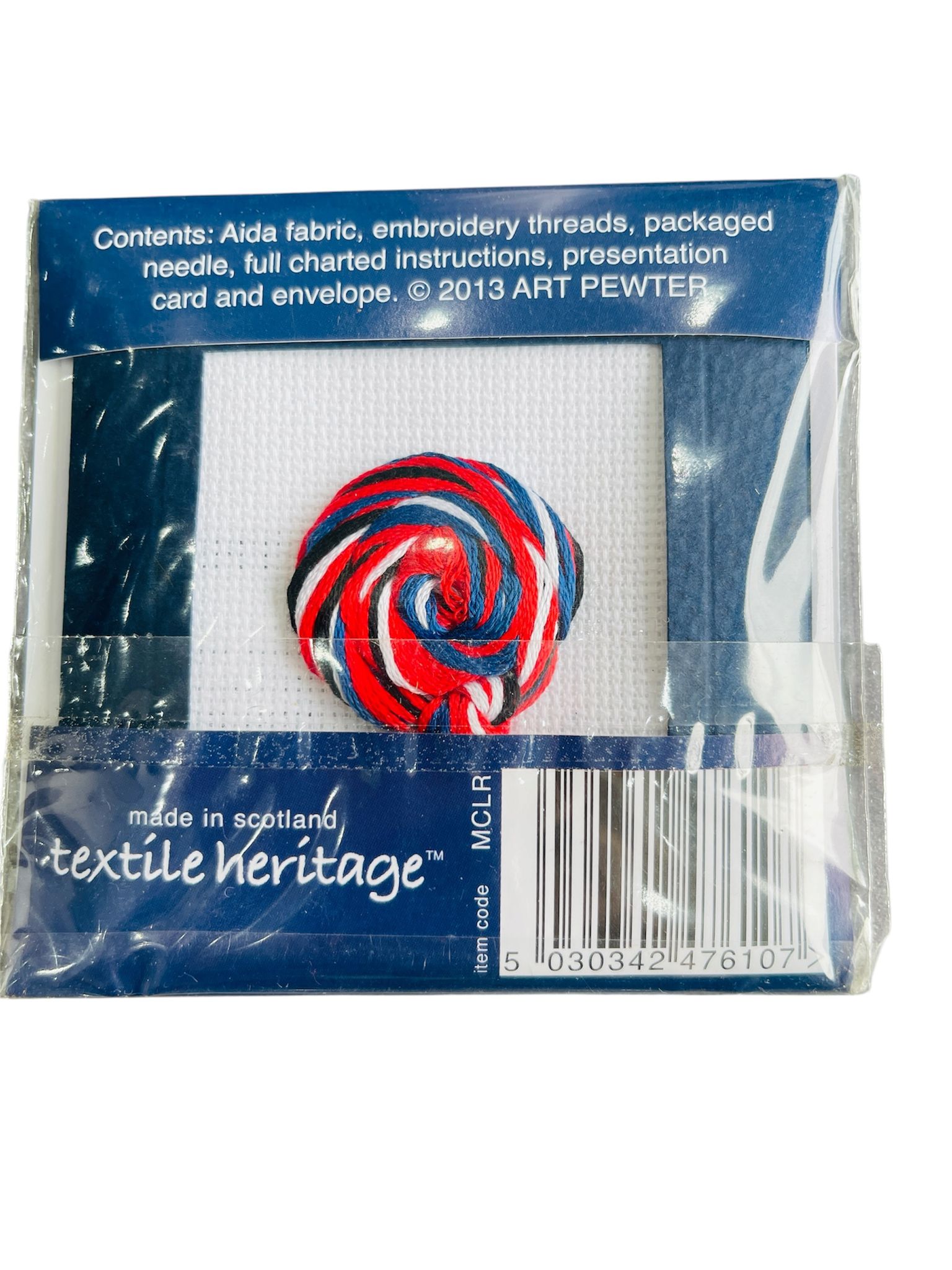 Textile Heritage Lion Rampant counted cross stitch card kit in its original clear packaging.
