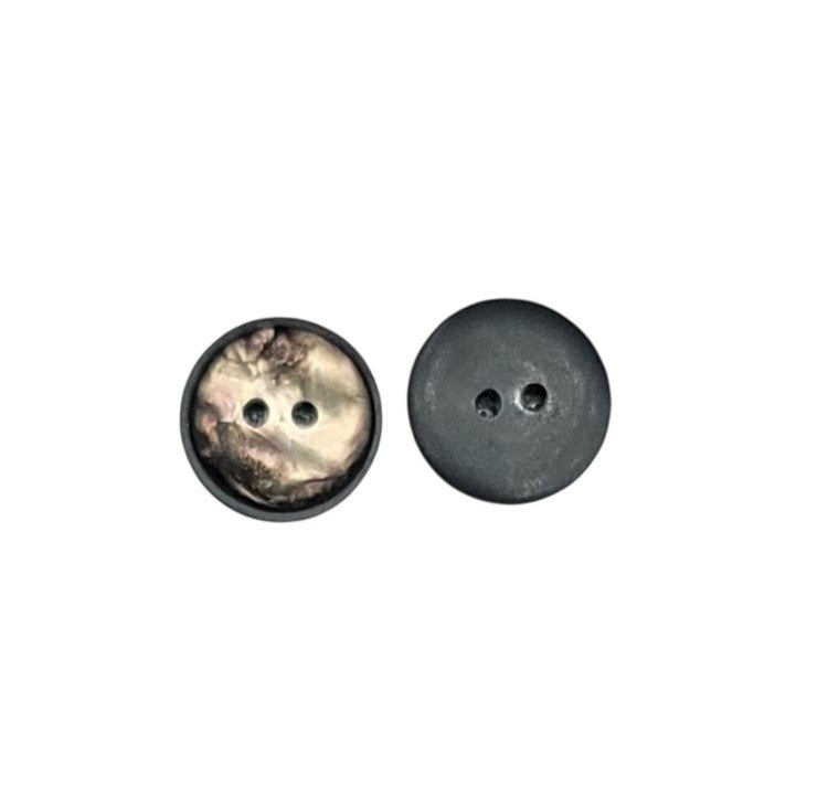 Front and back view of a 15mm iridescent shell-imitation polyester button with two holes.