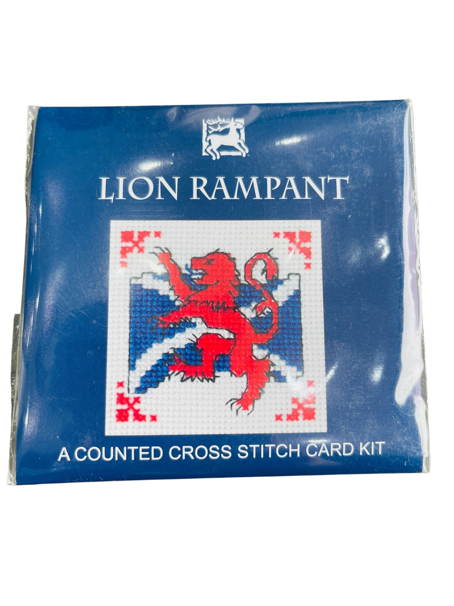 Textile Heritage Lion Rampant counted cross stitch card kit with red lion and blue saltire design.