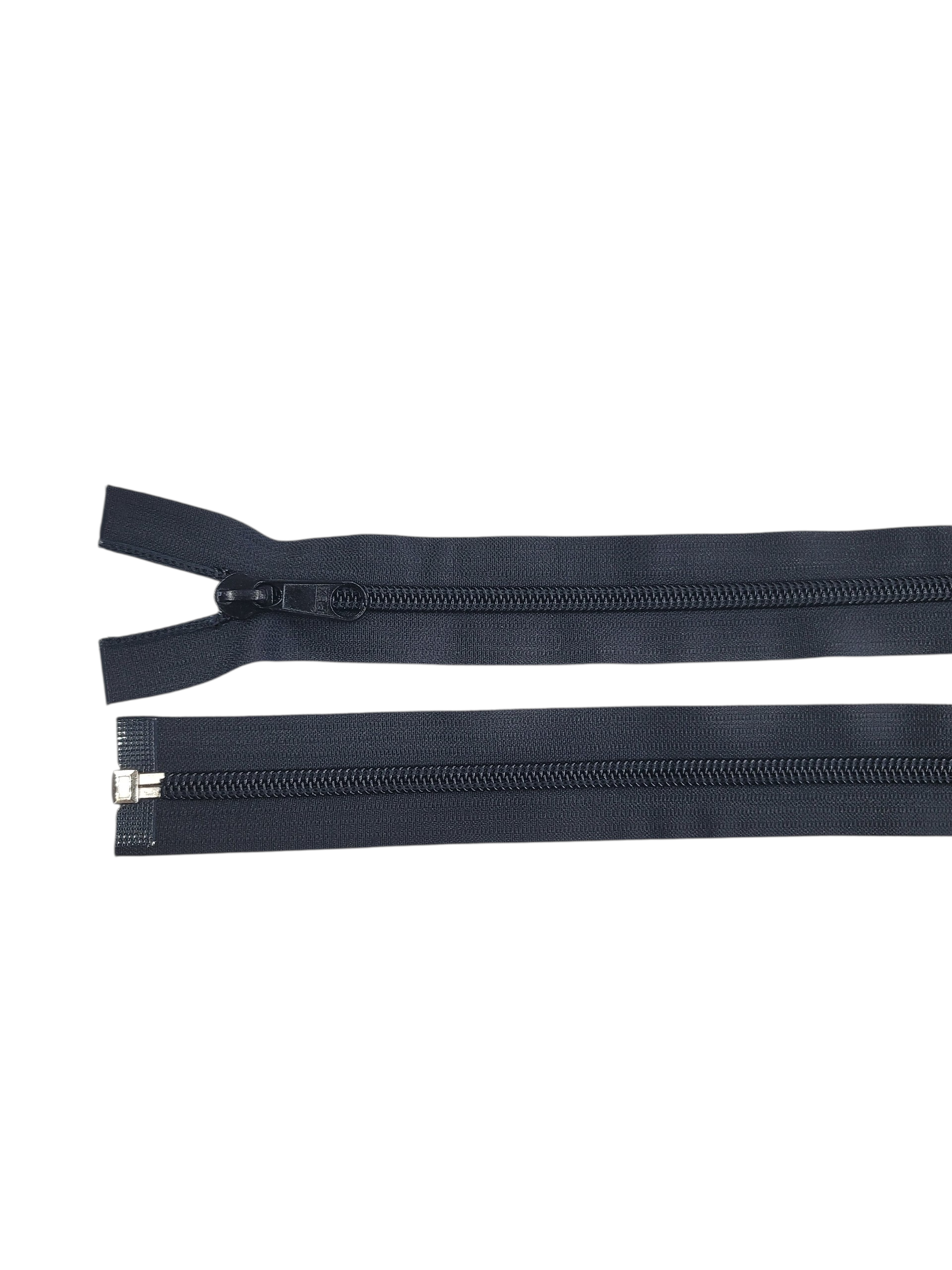 Black double slider open end plastic coil zipper for tents and outdoor gear.