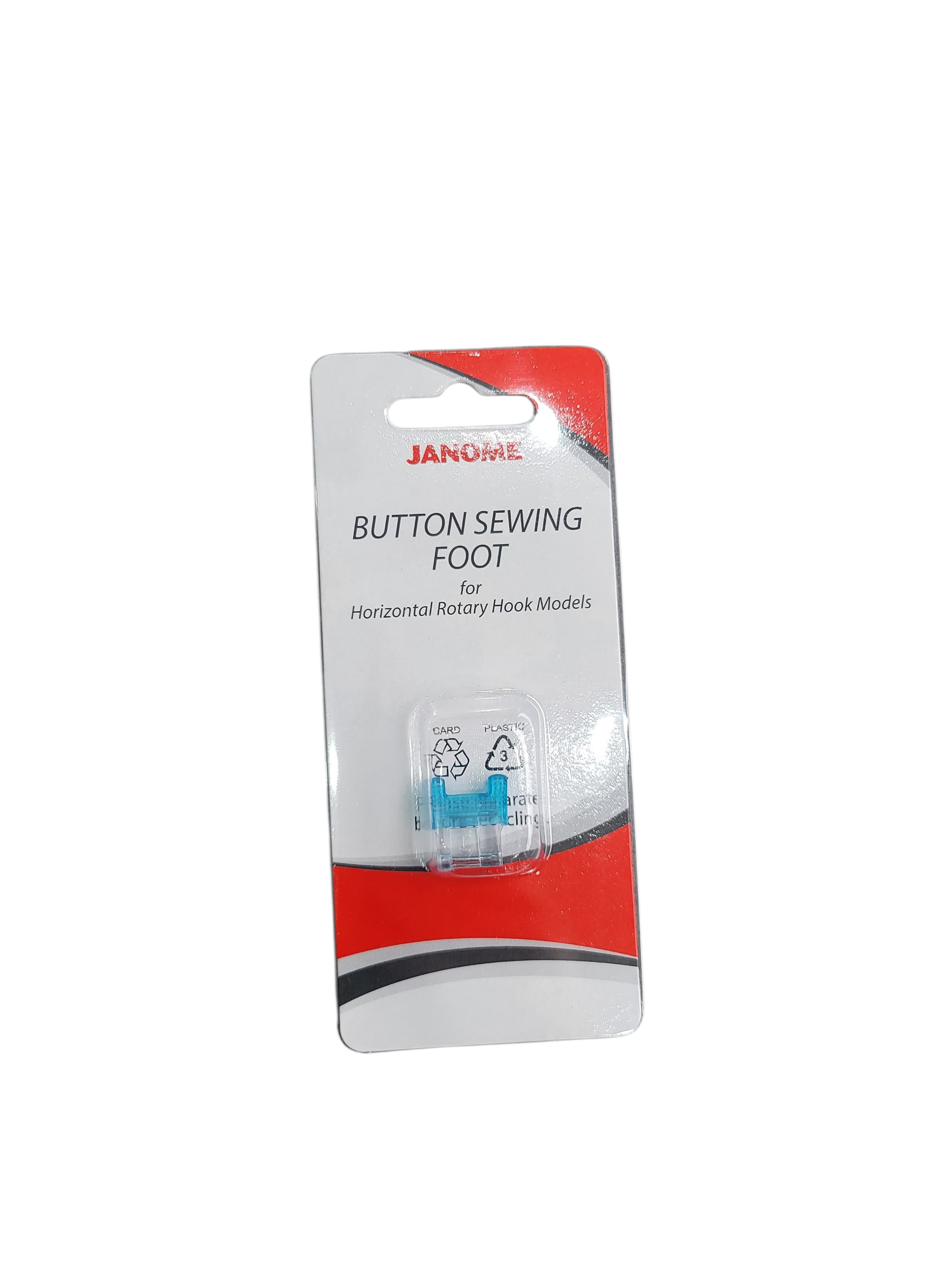 Janome button sewing foot in retail packaging for horizontal rotary hook sewing machines.