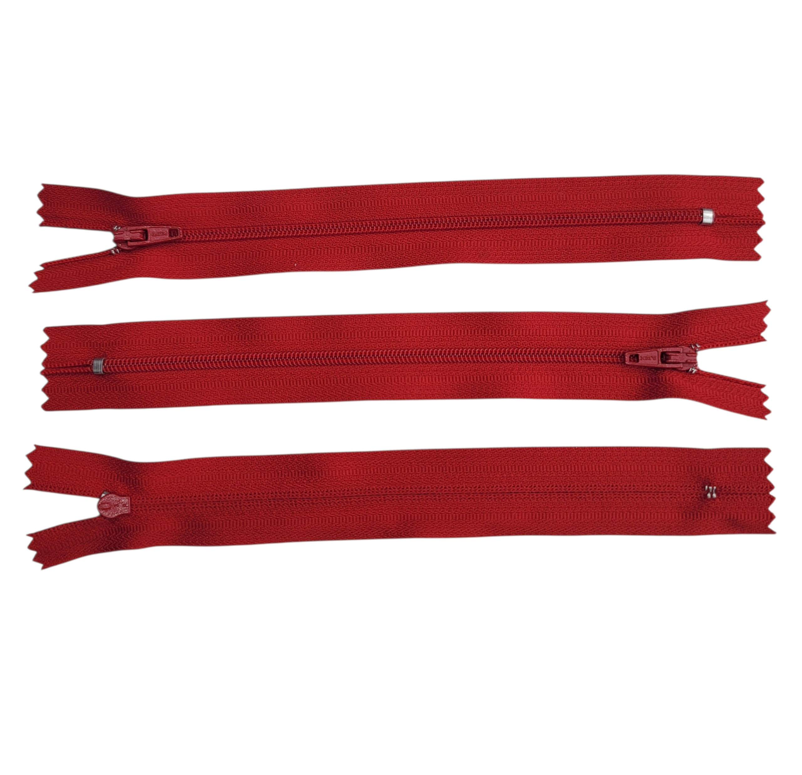 Three red 18cm closed-ended polyester coil zippers shown from different angles on a white background.