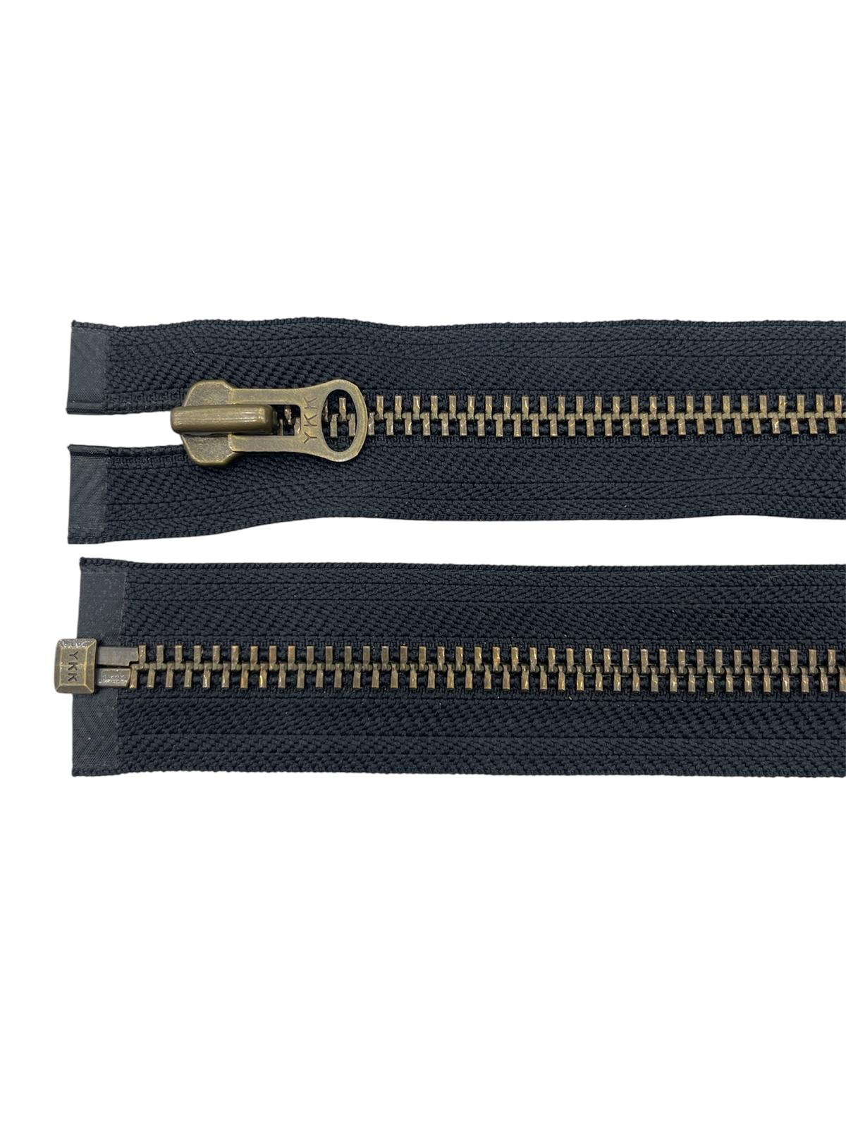 YKK size 8 brass metal open-end zipper in black with a 47cm length.